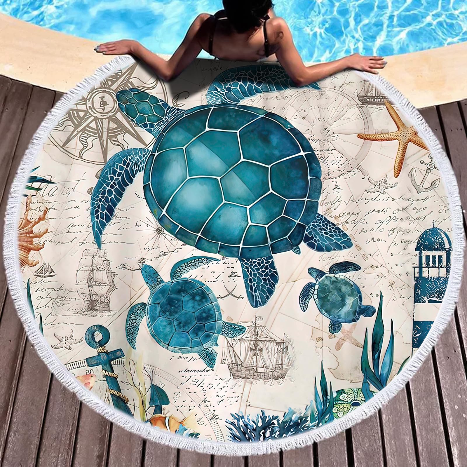 LXTOPN Rund Strandtuch, Meeresschildkröte Microfaser Strandhandtuch für Stranddecke Badetuch Yogamatte Campingdecke Picknickdecke Handtücher mit Quasten, 150cm (Blau-Schildkröte 3)