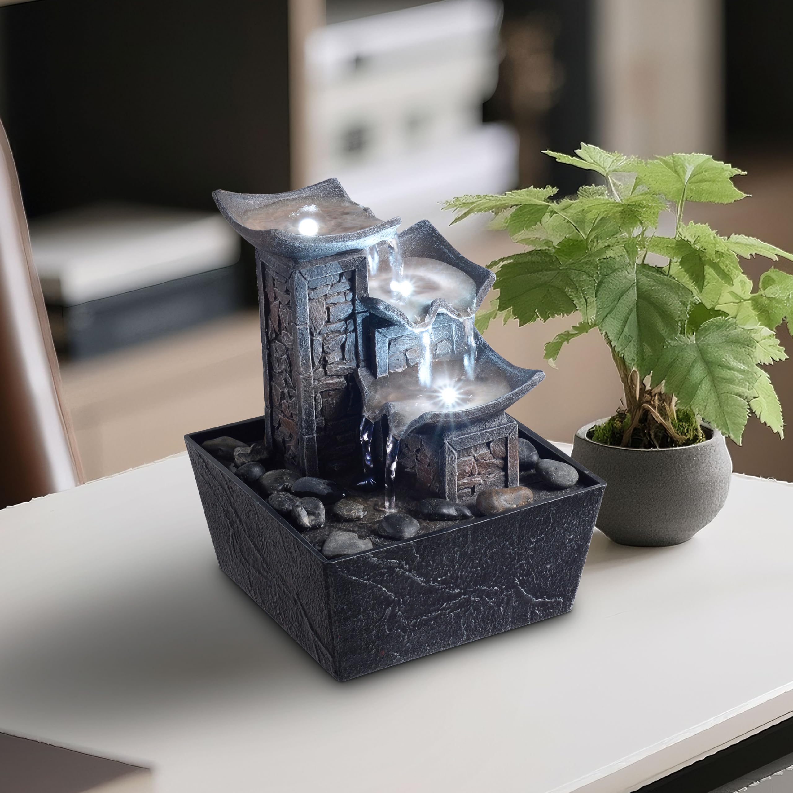 MSEONWXI Tabletop Fountain Indoor Waterfall – 3-Tier Black Zen Decor with Pebble Base, White LED Light, Water Pump & On/Off Switch – Desktop Feng Shui Relaxation Gift for Home or Office (21110B)