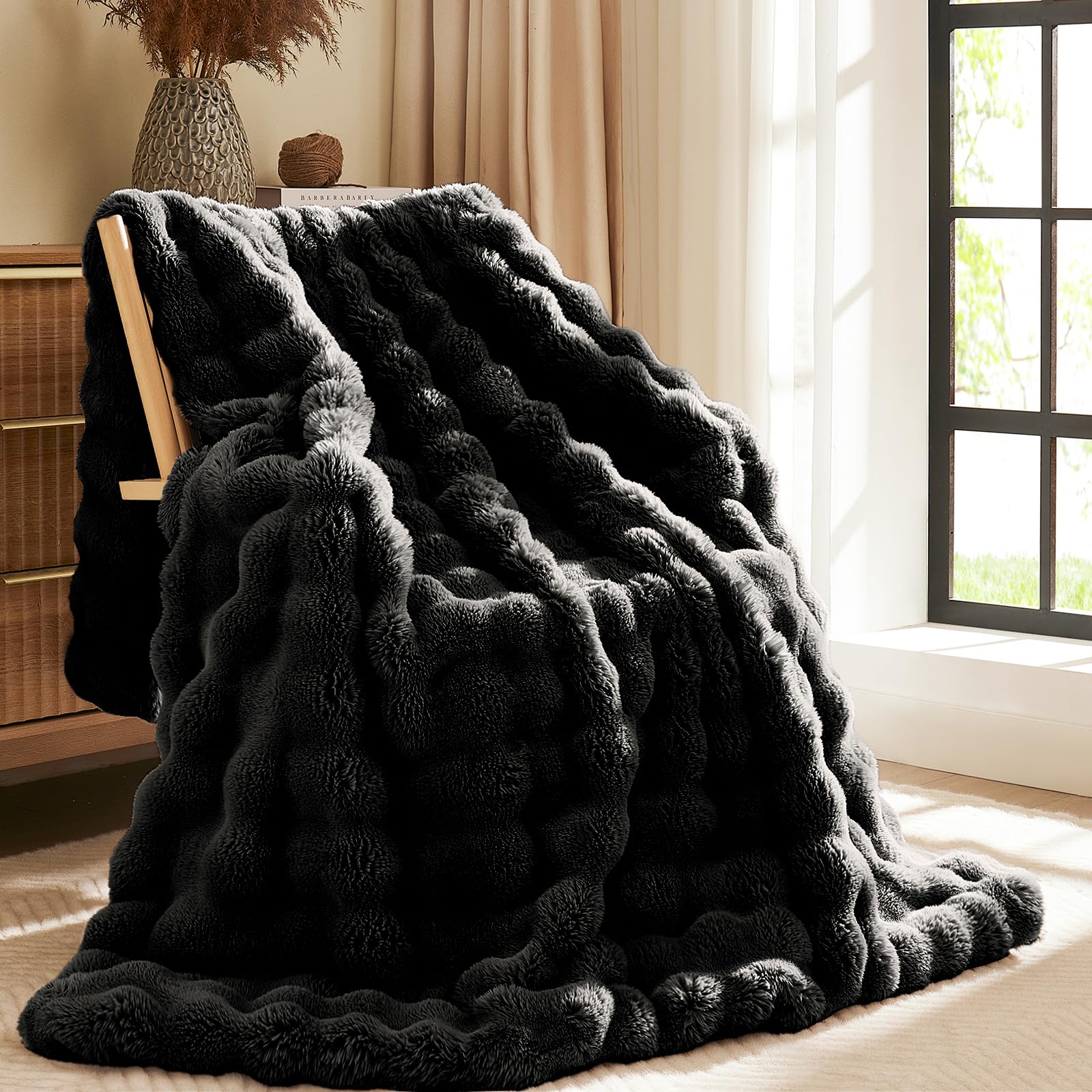 L'AGRATY Faux Rabbit Fur Blanket: 150x200cm Luxury Soft Fluffy Thick Fur Throw Blanket for Couch Bed Sofa