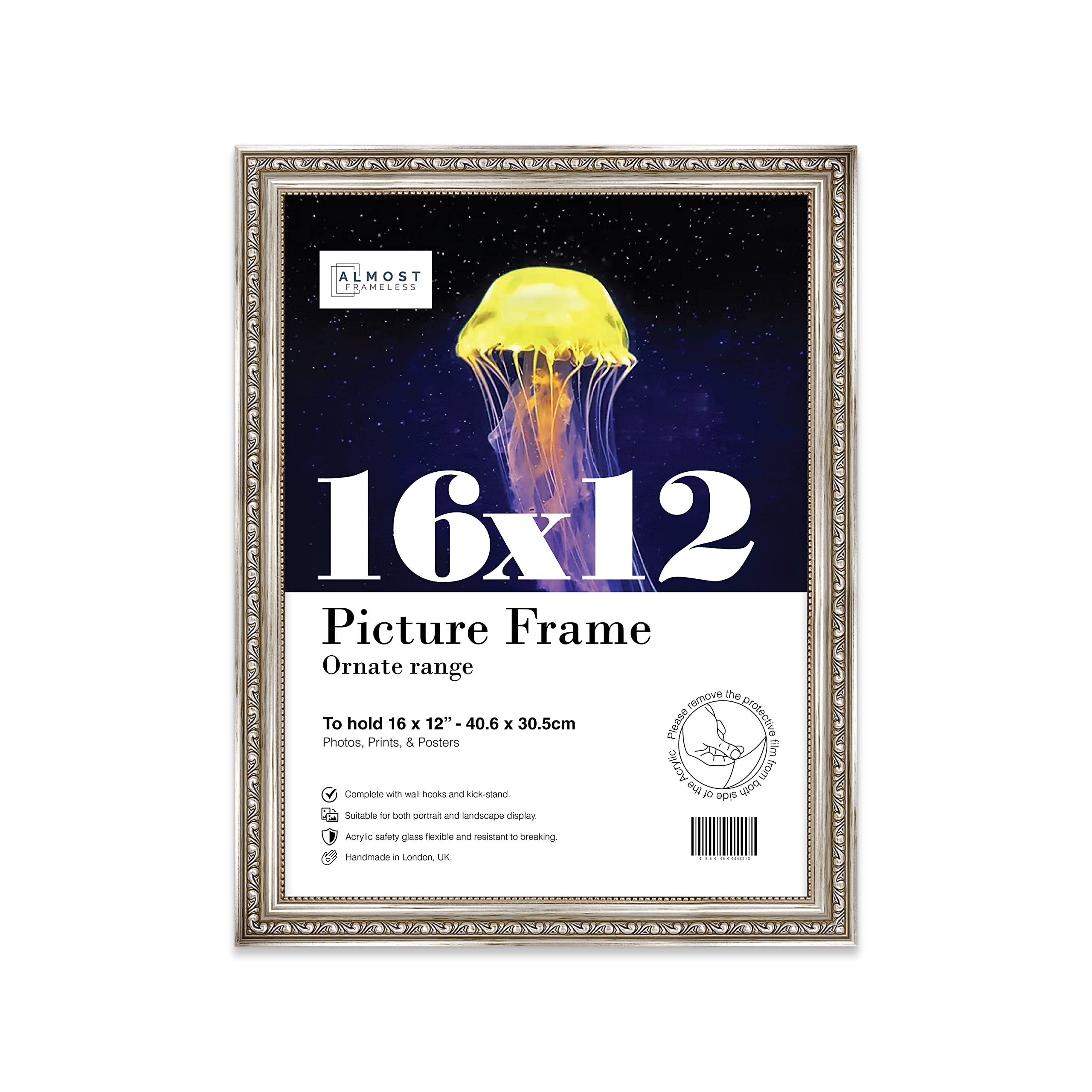 Almost Frameless 16x12 Silver Ornate Picture Frame 16"x12"(40.6x30.5cm) Poster, Photo, Artwork, or Print. Baroque Style Portrait and Landscape Display with Wall Hooks