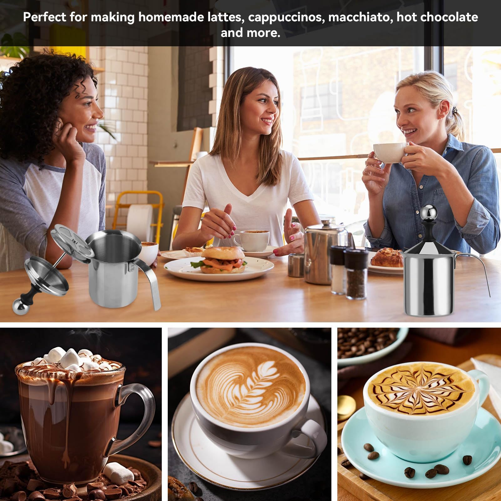 HERCHR 800ml Montalatte, schiumalatte in acciaio inox doppia rete manuale, Pompa Schiuma Latte per Cappuccino e Caffè