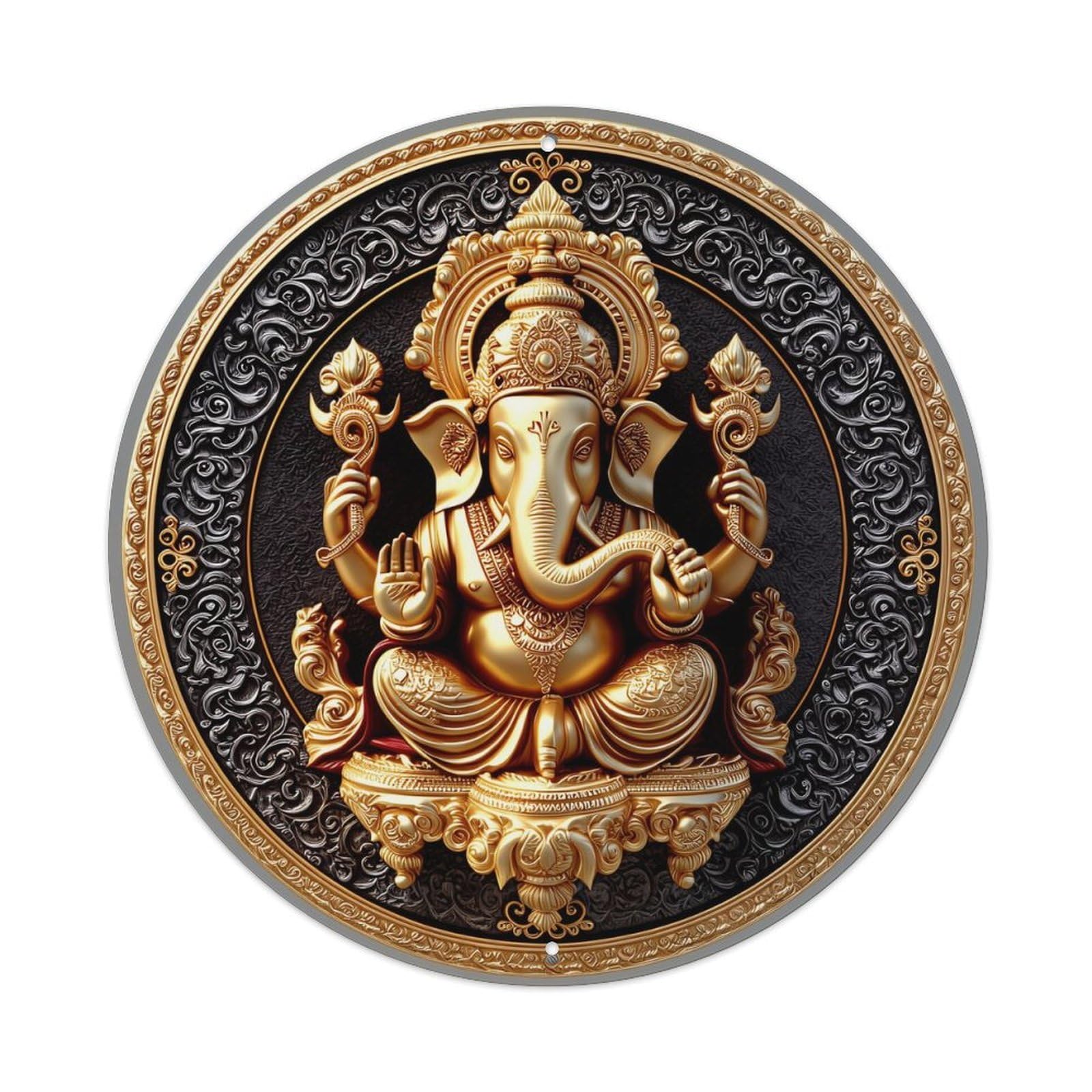 Golden Ganesha Ornate Circular Design- Vintage Metal Tin Sign Retro Wall Decor for Home Bar Garage Cafe, Indoor & Outdoor Decorative，circle Metal Poster, 8x8 Inch