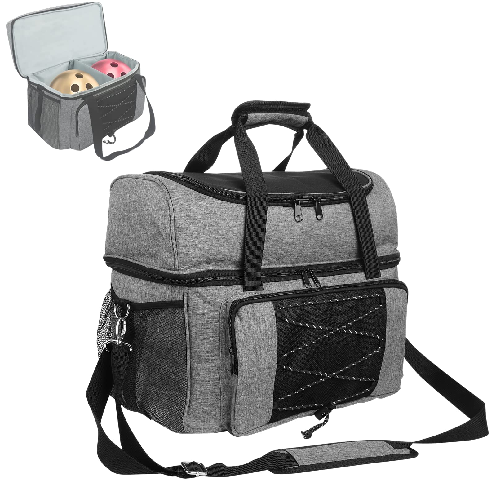 IKITEE Bowling Ball Bag, Bowling Bag for Two Balls Double Ball Tote Bag with Padded Ball Holder, Fits Bowling Shoes Up to Mens Size 16 and Extra Accessories