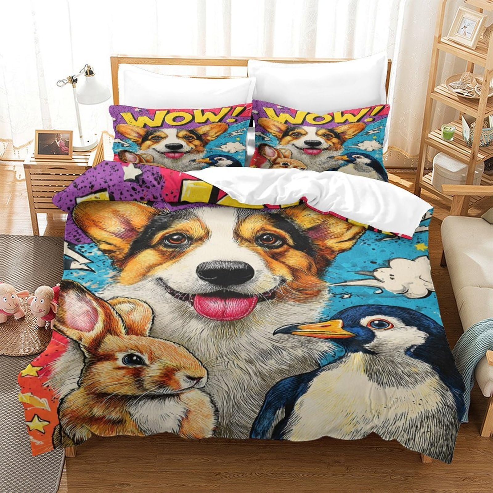Housse de couette chien 3D super king 260x220 cm en microfibre avec ses 2 taies d'oreiller
