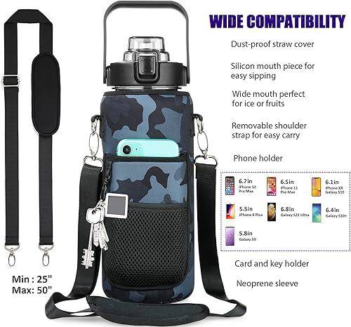 Miniatura 10 de Botella de agua de medio galón con manga, botella de agua motivacional de 64 onzas con popote y marcador de tiempo, botella de agua grande para