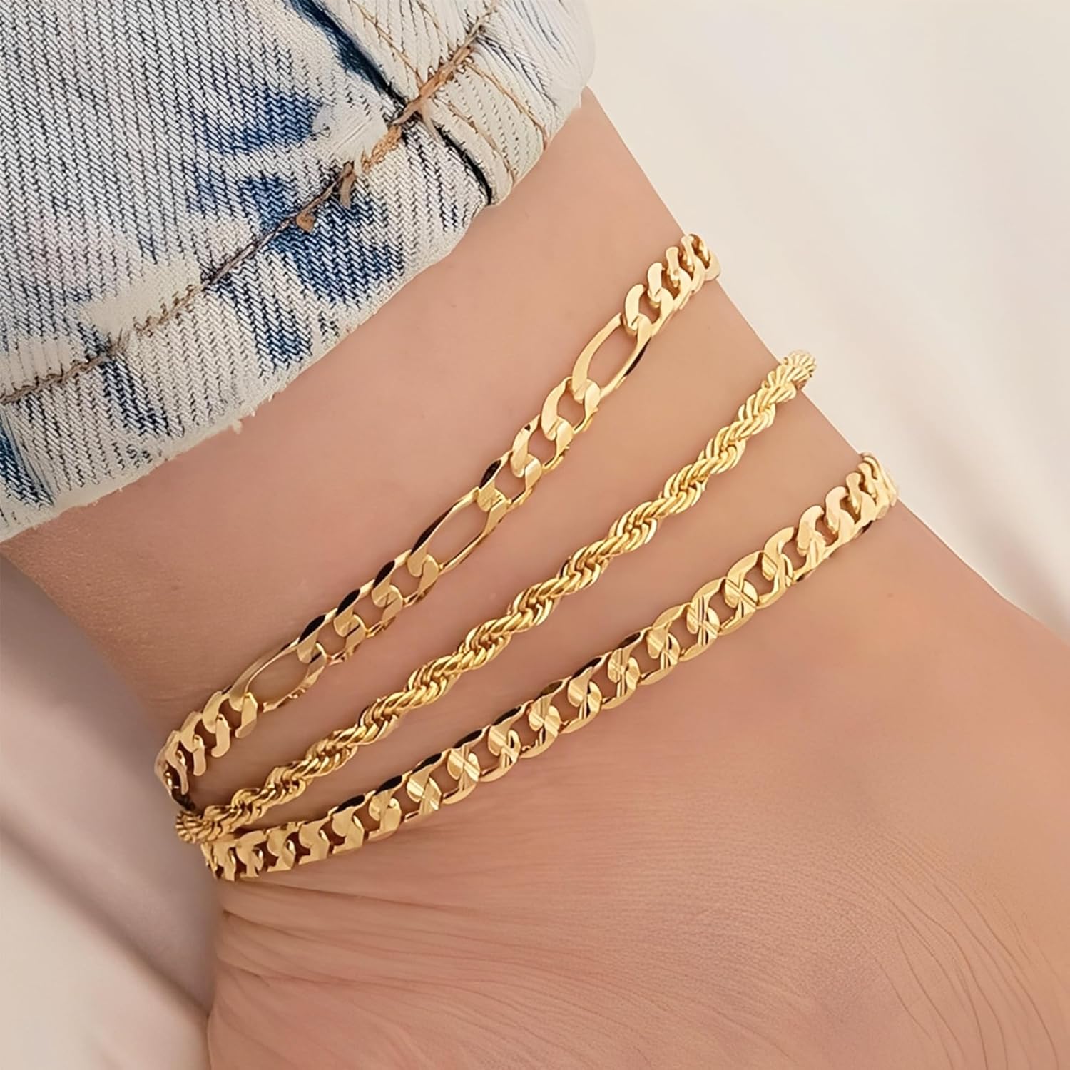 iF YOU Gold Ankle Bracelets for Women, 14k Gold Plated Waterproof Cuban Link Chain Anklets Set, Layered Anklet Bracelets for Women Beach Gift Adjustable Size 5pc - Image 3