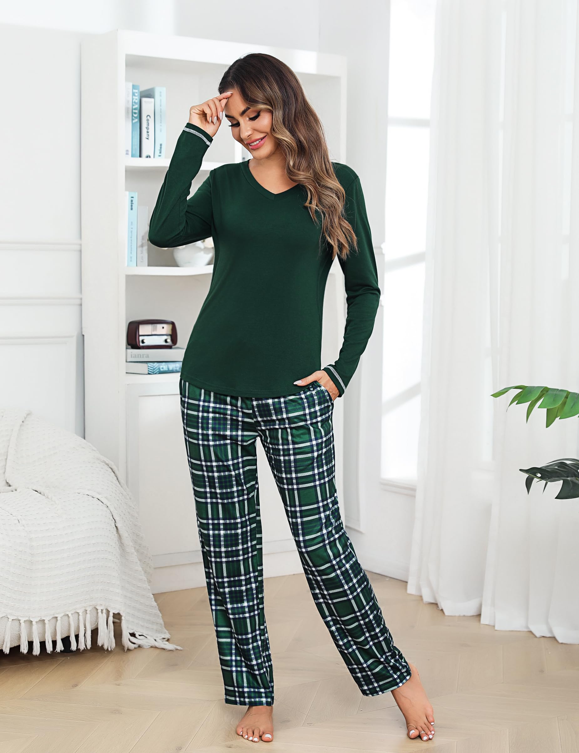 Litherday Pigiama Donna Invernale in Cotone Due Pezzi con Maglia a Manica Lunga e Pantaloni a Quadri Scollo a V Comodo per Casa Autunno Inverno S-XXL