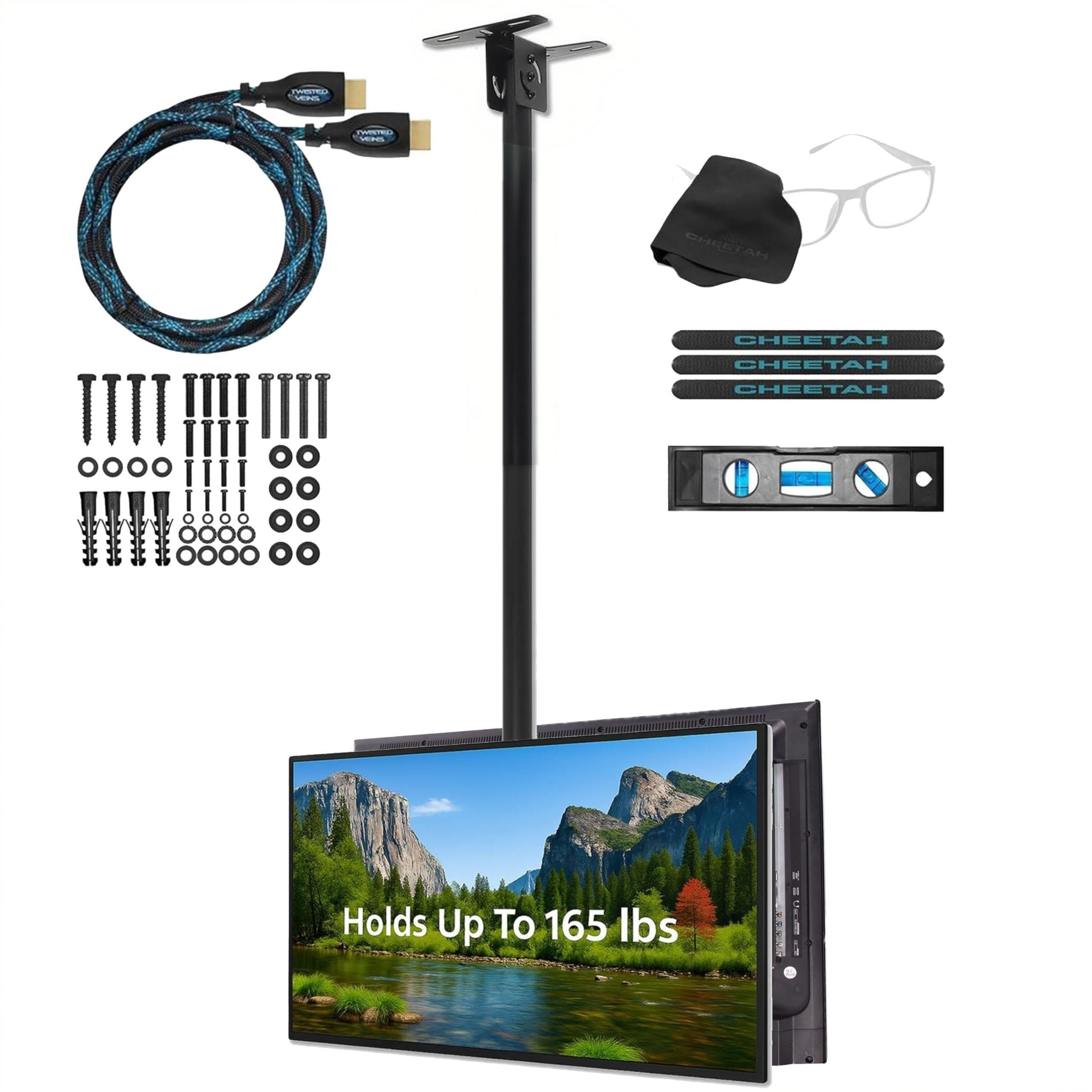 Cheetah Suporte de TV de teto duplo para TVs de 37 a 86 polegadas, máximo de 75 kg, VESA 600 (cada tela) extensão extra longa de 289.6 cm (9,5 pés). Suporta TVs mais recentes de 100 polegadas