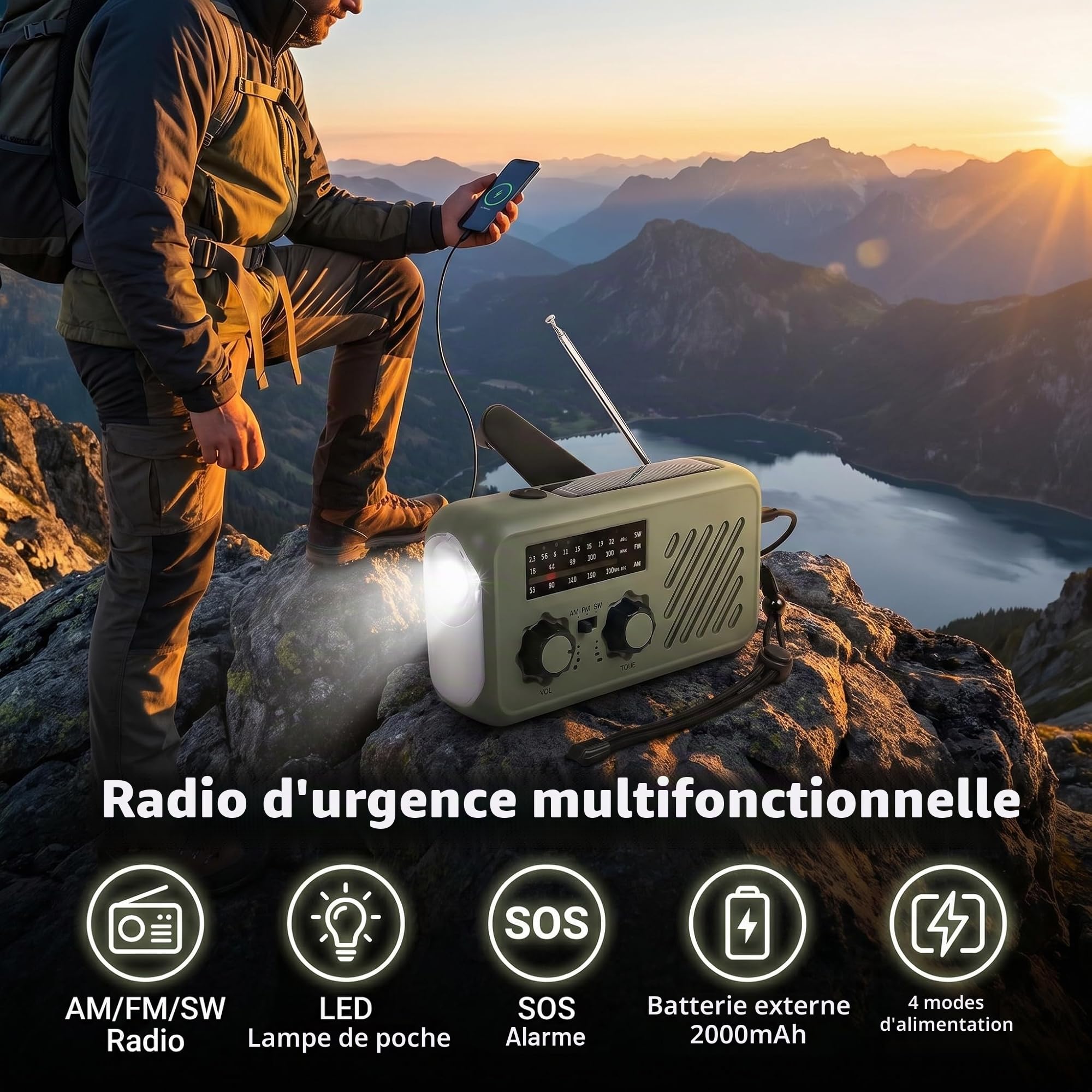 Radio Portable Urgence, Radio de Survie AM/FM Solaire & Dynamo, Powerbank 2000mAh, Lampe LED Torche + Lecture, Alarme SOS - 4 Modes de Charge, Idéale Camping, Panne de Courant, Voiture