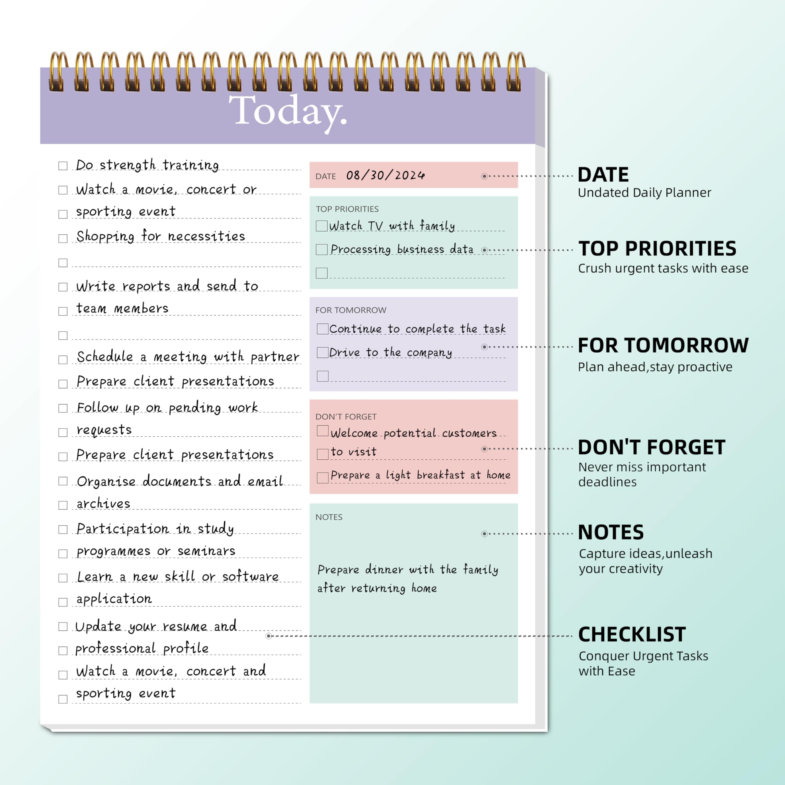 To Do List Notepad, Daily Planner Notepad Undated 52 Sheets Tear Off - Image 2