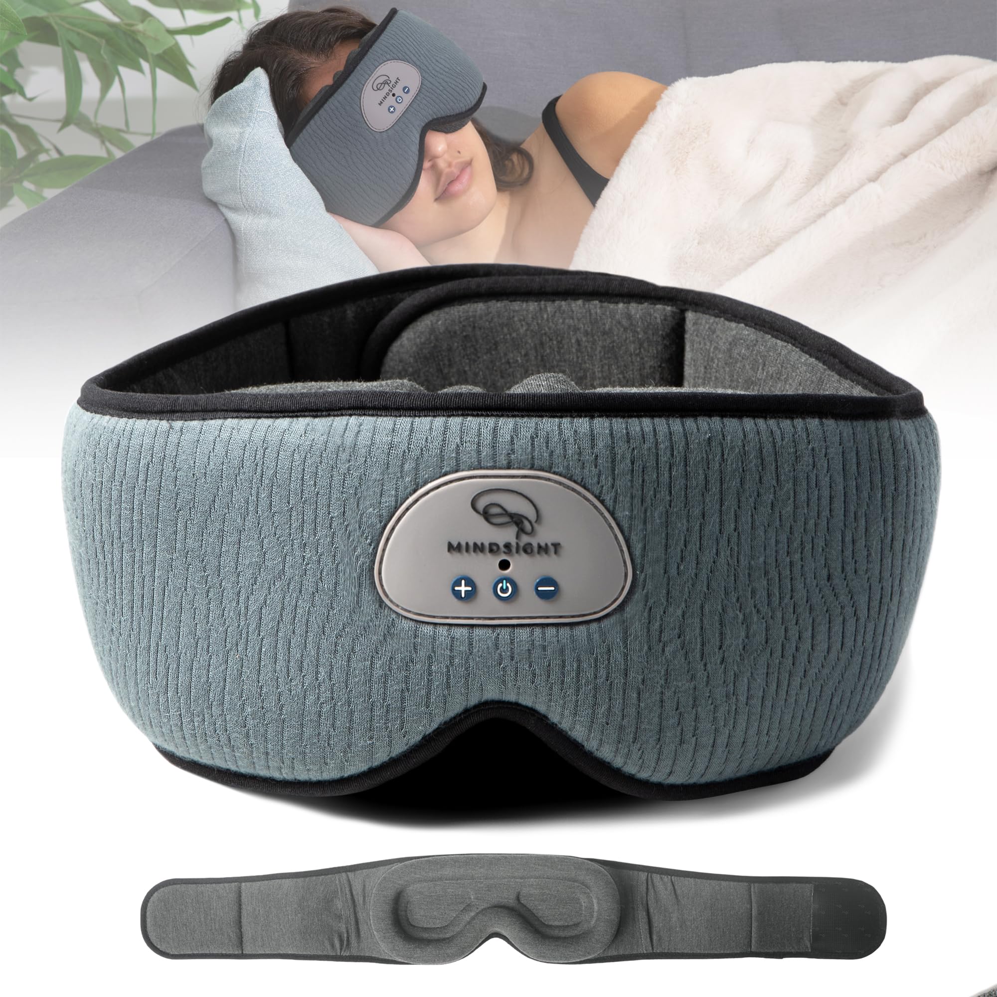 Mindsight DriftBand Sleep Mask with Bluetooth Headphones Blackout Eye Mask with Memory Foam Breathable Plush Fabric Ultra-Thin Adjustable