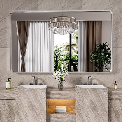 Miniatura 9 de Espejo de baño de plata cepillada para pared, espejo rectangular de metal con marco de metal de 24 x 36 pulgadas, espejo de tocador moderno montado