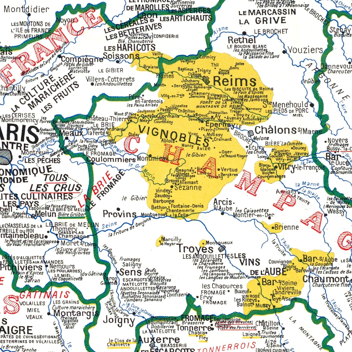 VIRTUAVIA Carta GASTRONOMICA della Francia, 100 x 120 cm (riproduzione vecchia carta) - Telone 340 g/m²