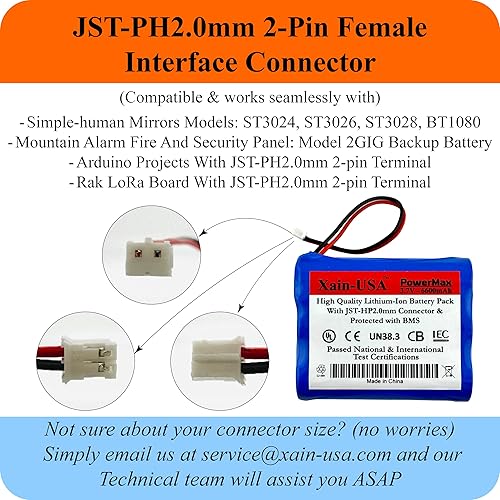 Miniatura 3 de 18650 3.7V 6600mAh 1S3P Batería recargable de iones de litio, conector JST-PH2.0 de 2 pines, compatible con espejos Simplehuman ST3024, ST3026,
