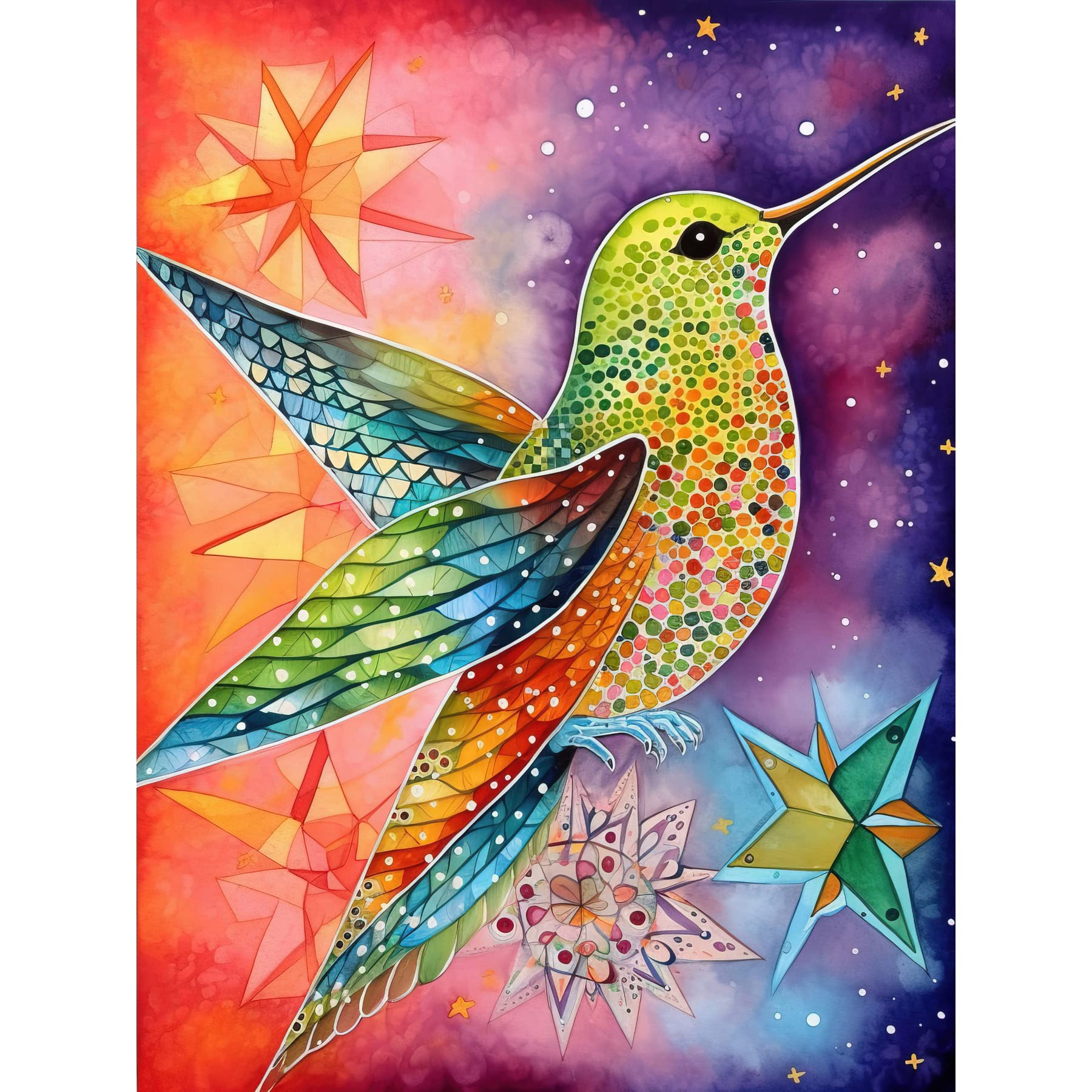 Artery8 Hummingbird In Vibrant Astral Field Folk Art Watercolour Painting Extra Large XL Wall Art Poster Print