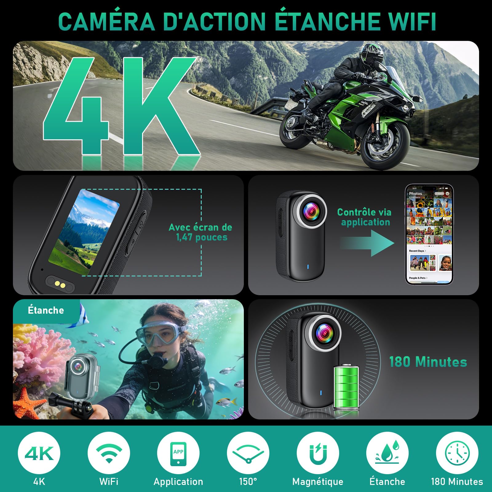 Caméra d'action WiFi 4K Étanche Minicaméra d'action pour Casque, Caméra de Sport WiFi 150° avec Écran 1,47 Pouces et Aimant, Petite Caméra Embarquée pour Moto, Vélo et Vlog de Voyage