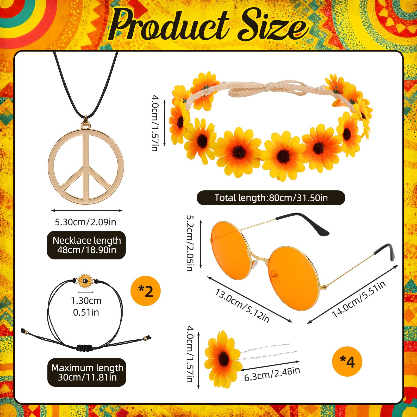 GSrenyu 9 PCS Hippie Accessories, Hippie Costume for Women Includes Sunflower Headband Flower Sunglasses, Daisy Hair Fork - Image 2