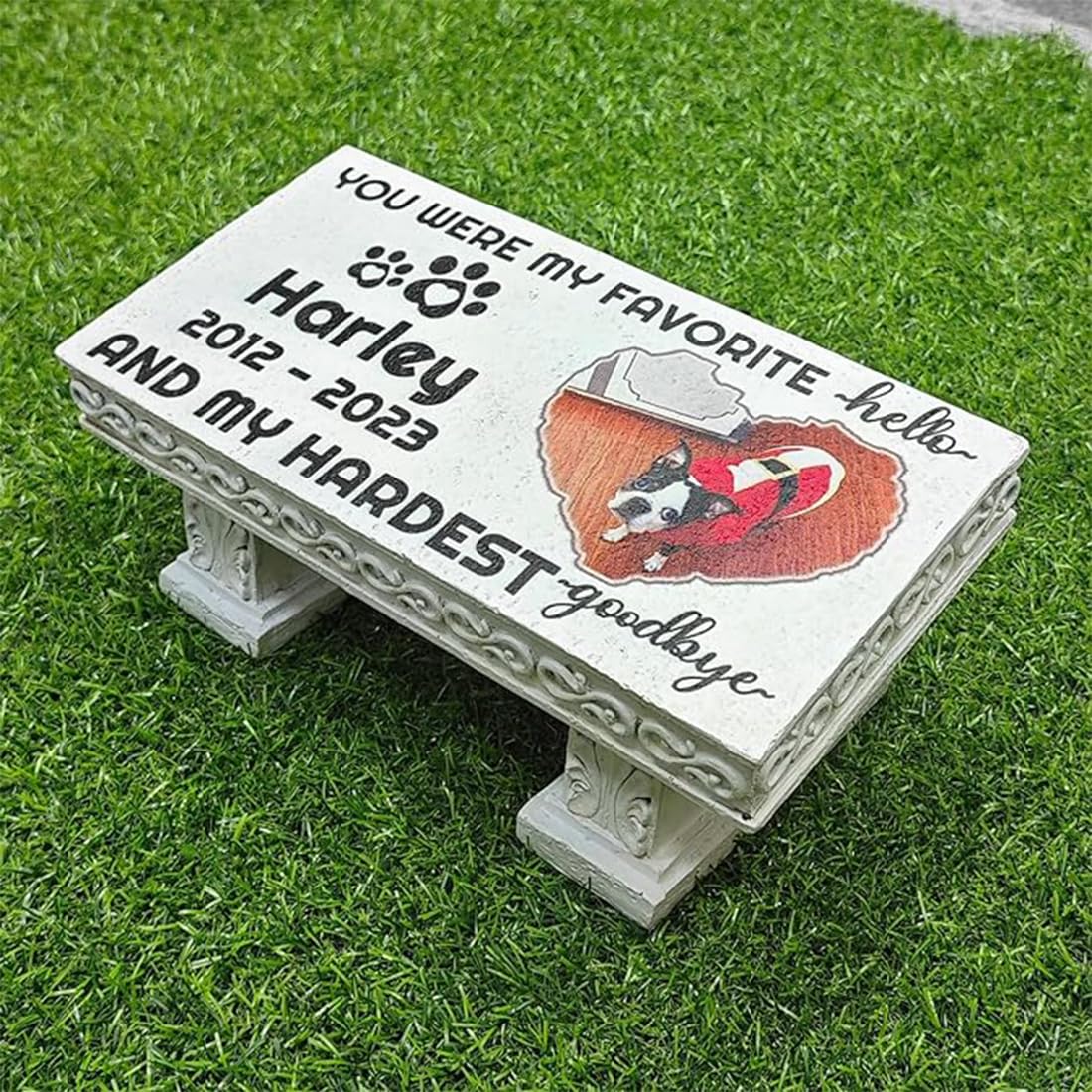 JHB Personalized Bench Pet Memorial Garden Stone Plaque with Colorful Photo, Dog Grave Marker Dog Tombstone Cat Headstone for Graves Loss of Pet Gift Cemetery Garden Plaque (K)