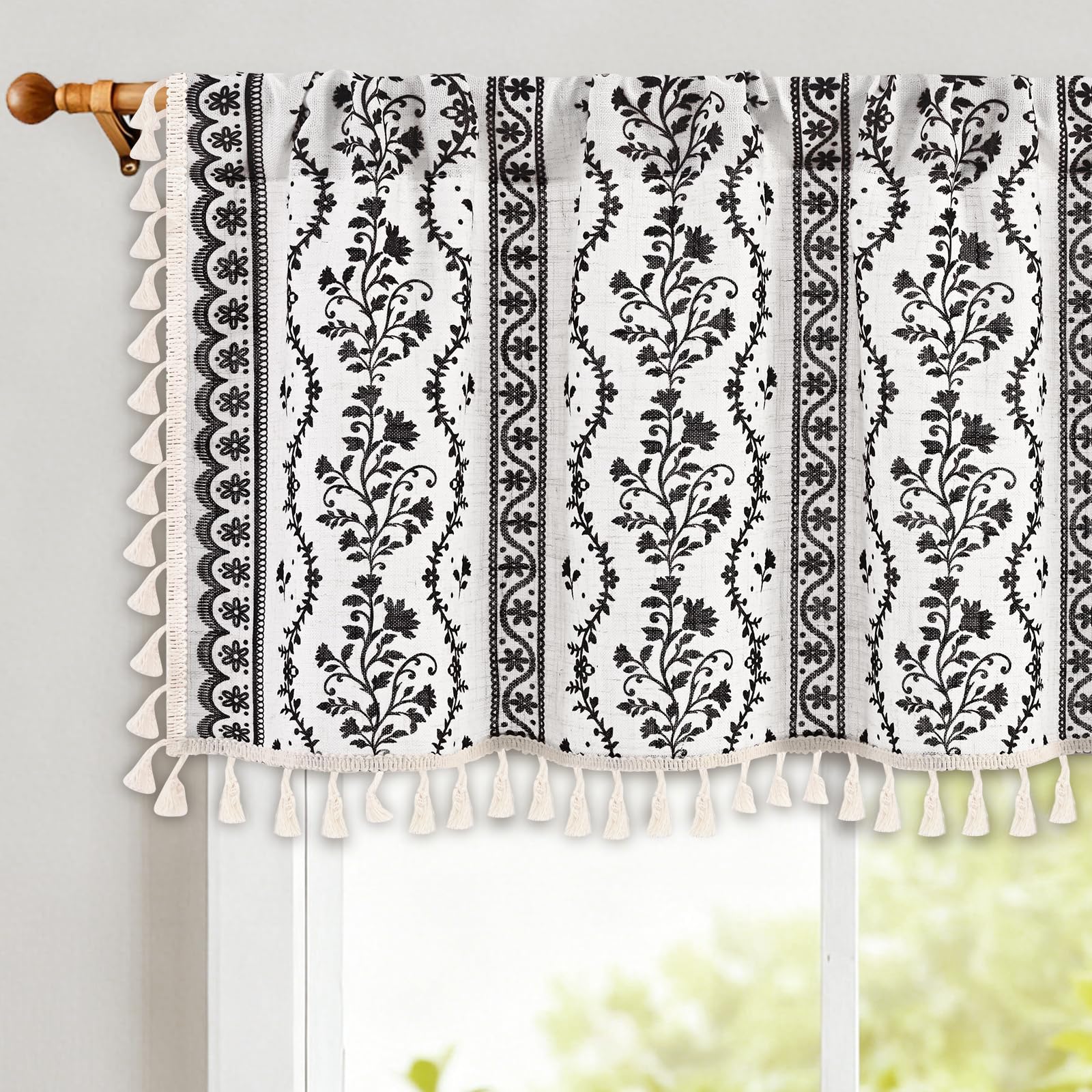 Yinhua Boho Valance Curtains Vintage Linen Kitchen Valances for Windows Light Filtering Bohemian Floral Valance Rod Pocket Tassel Window Valances for Bathroom Cafe, 52" W X 18" L, White Black
