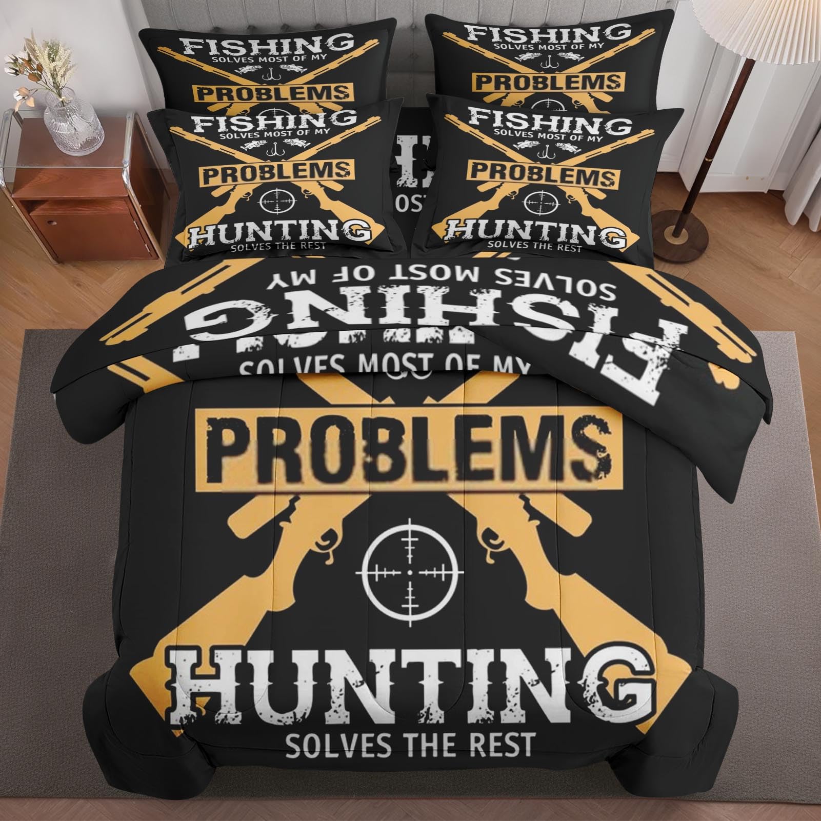 7 Pcs Comforter Set Queen Size, Fishing My Hunting Bed in a Bag with Flat Sheet and Fitted Sheet for Kids and Adults, Gun Fish Vintage Bedding Set with Pillowcases & Shams