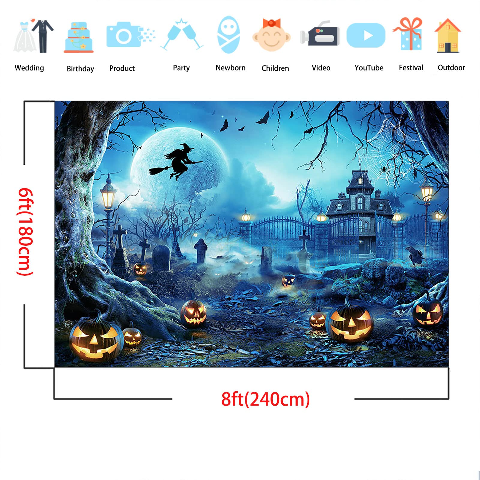 Avezano Tło fotograficzne na Halloween, straszna dynia, cmentarz, pełnia księżyca, nocne tło dla dzieci, magiczna czarownica, czarownica, nagrobek, dekoracja na imprezę, baner, sesja zdjęciowa,