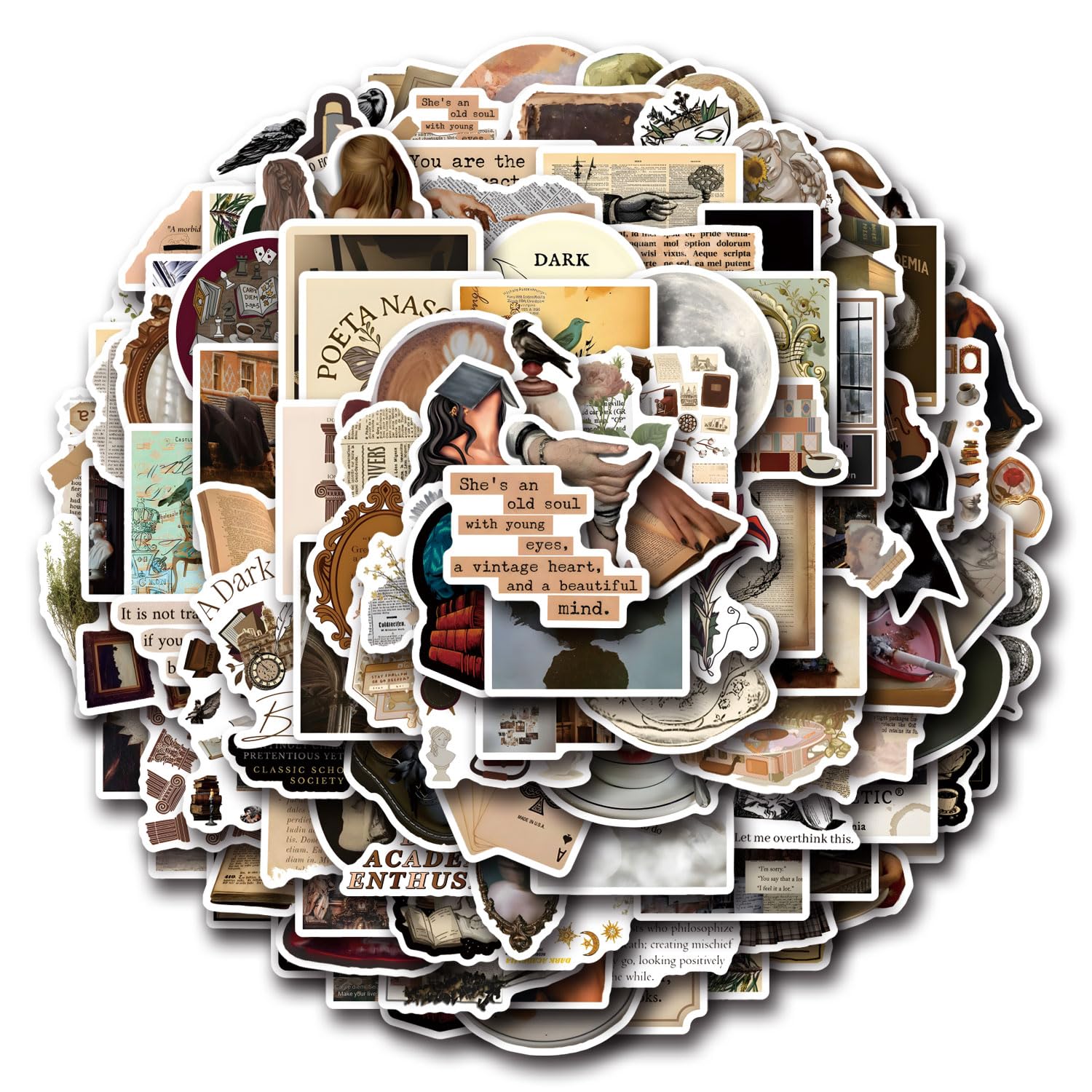 124Pcs Cartoon Dark Academia Stickers Pack, Aesthetic Cute Vinyl Waterproof Decals for Water Bottle,Laptop,Phone,Skateboard,Scrapbooking,Bumper for