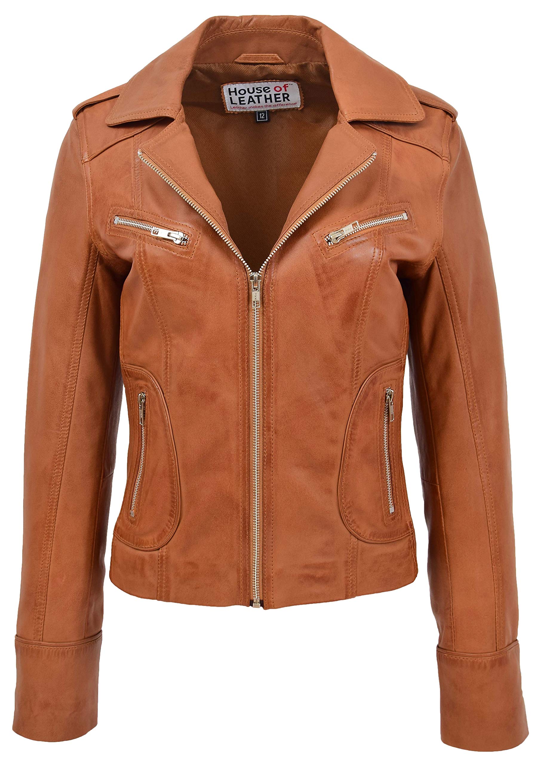 House Of Leather Women's Tan Real Leather Biker Jacket Zipped Casual Style Kim (10, )