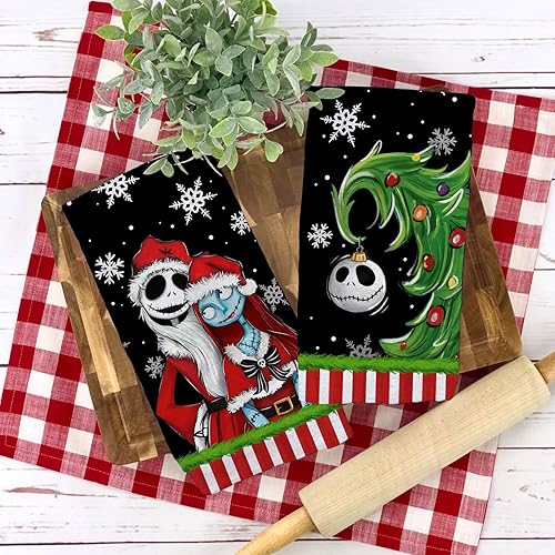 Miniatura 5 de Seliem Juego de 2 paños de cocina Christmas Jack Skellington Sally de Ni GHT m are BE.Fore - Toallas de mano con diseño de calavera de árbol de