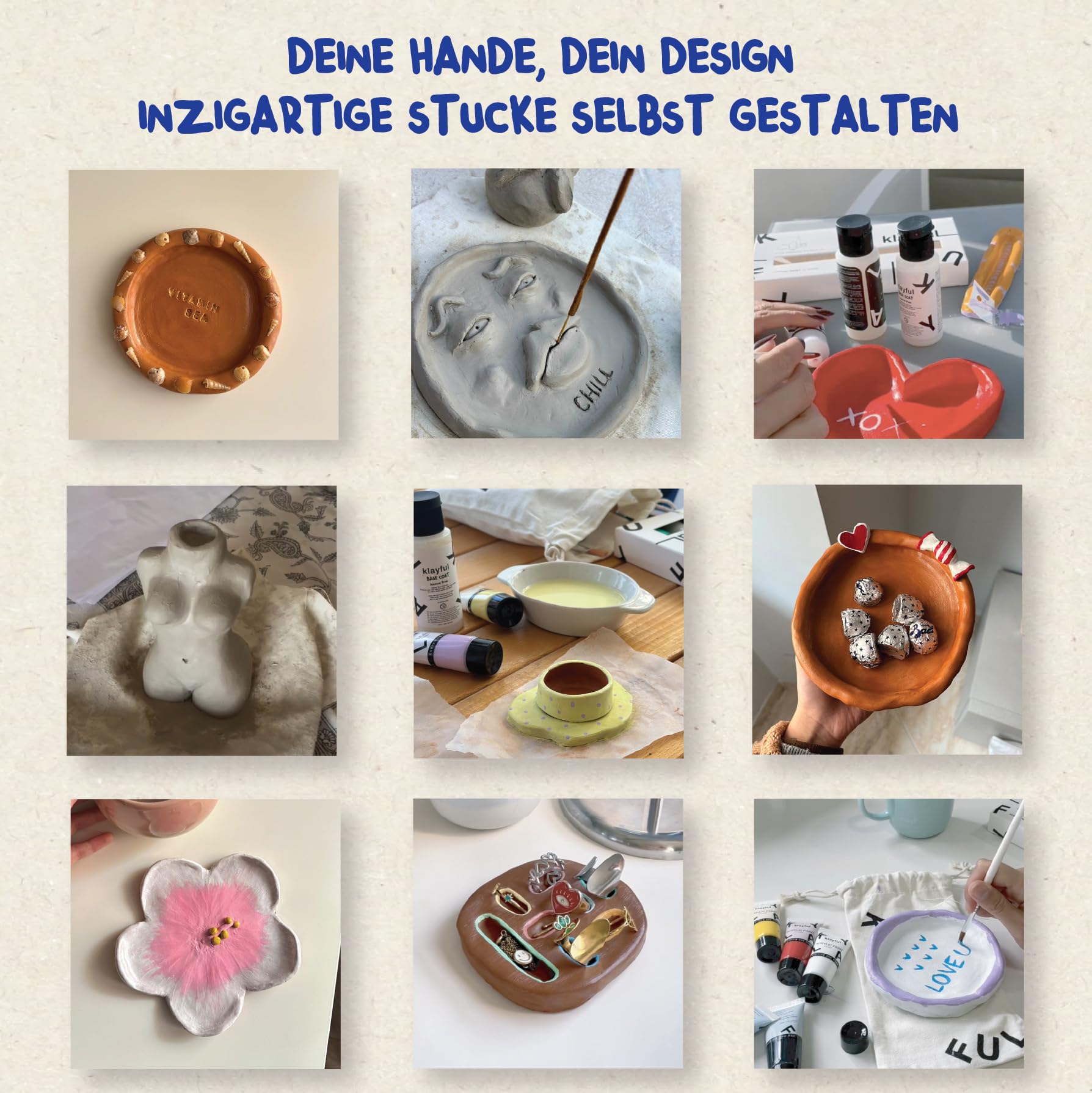 Klayful Töpferset Erwachsene | Keramik Bemalen Set | Lufttrocknender Ton | DIY Bastelset für Anfänger | Werkzeuge, Acrylfarben, Pinsel, Anleitung (Pastellfarben)