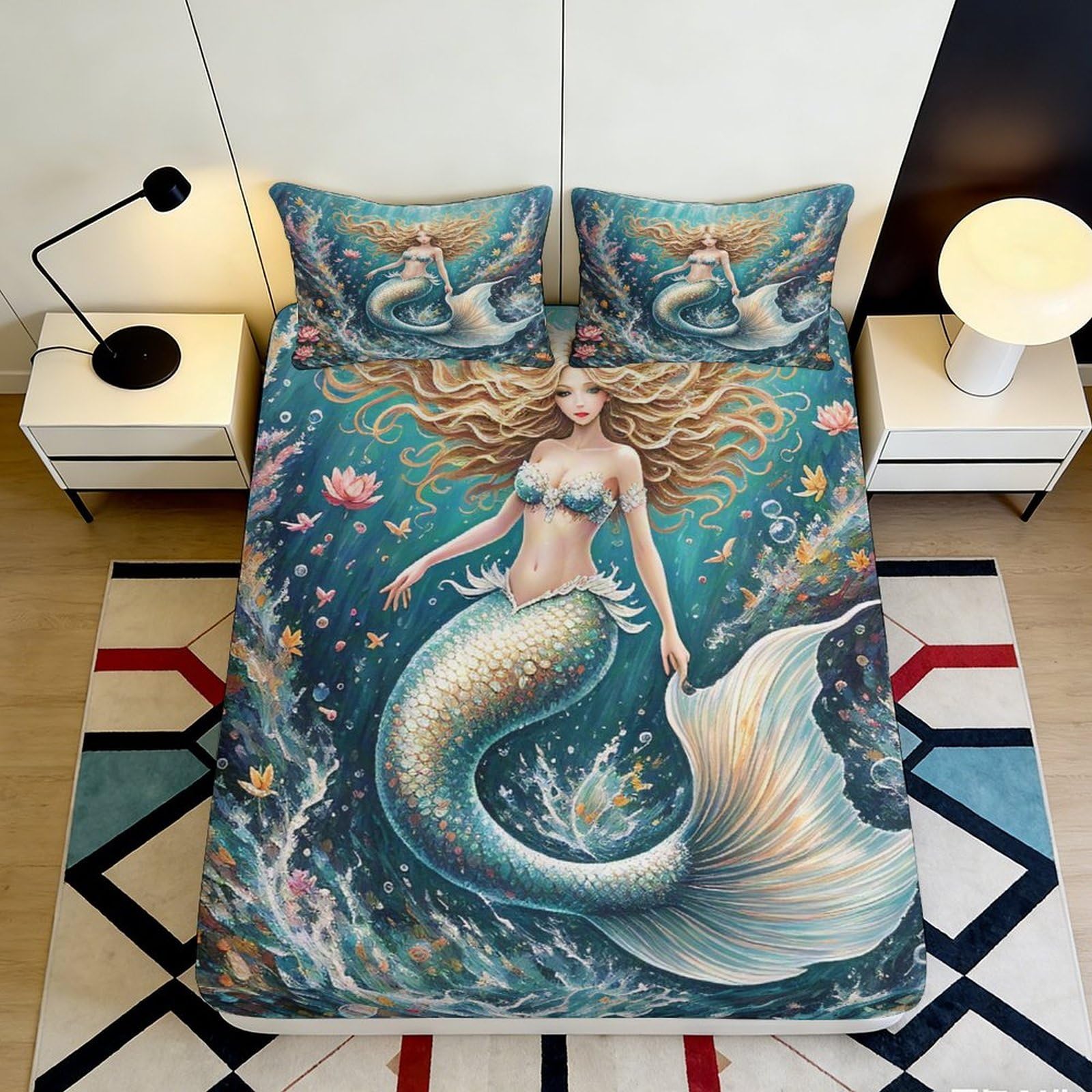 3D Printed Mermaid Ocean Fitted Sheet Microfiber Soft Non-Slip Underwater Fantasy Mattress Cover for Bedroom Decor 160x200x25cm