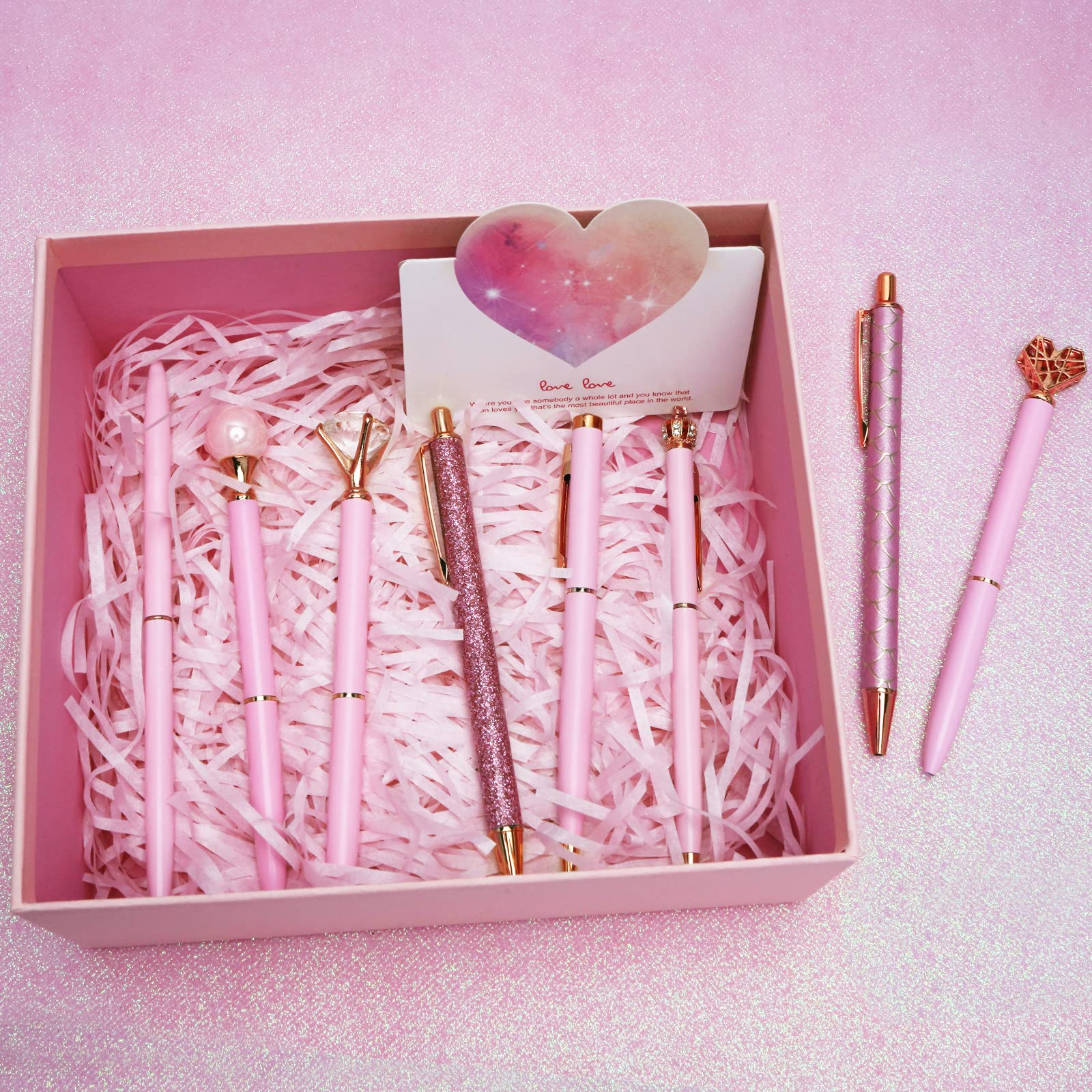 TIESOME 9 stuks schattige balpen, paarse fancy stiften, bling, glitter, metalen pen voor journaling, met zwarte inkt, intrekbare pennen, cadeau voor