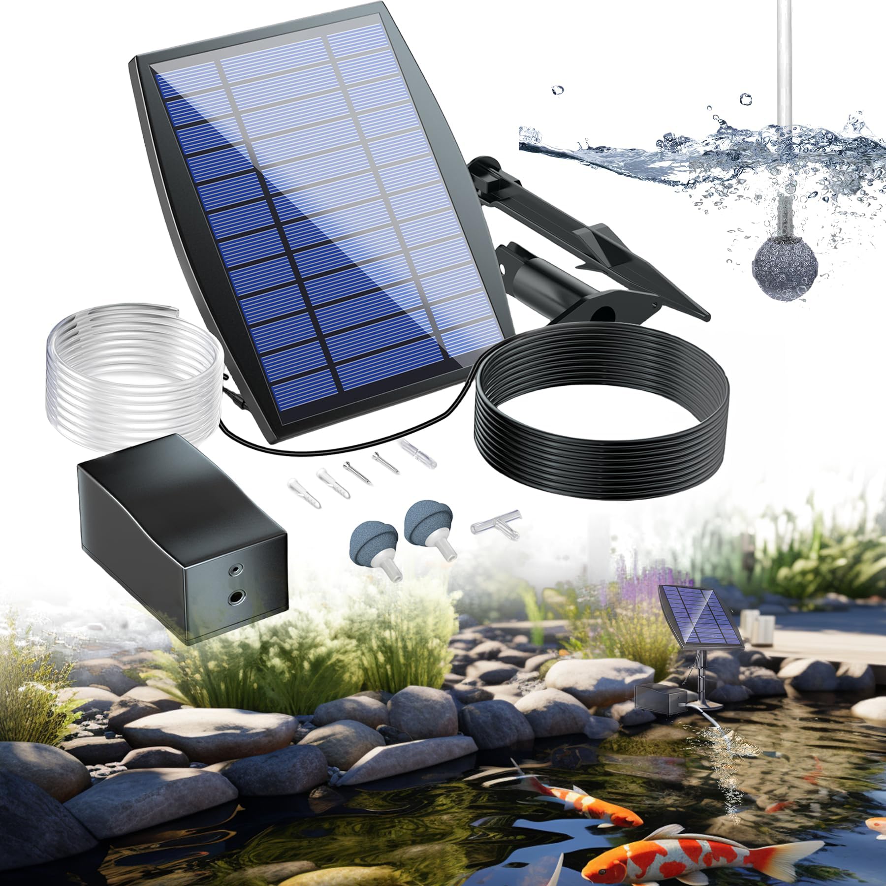 Pompe à oxygène solaire 2,5 W pour bassin avec batterie de secours de 1800 mAh, 3 modes de pompe à oxygène, pompe à air hydroponique, convient pour la pêche en plein air, les étangs, les