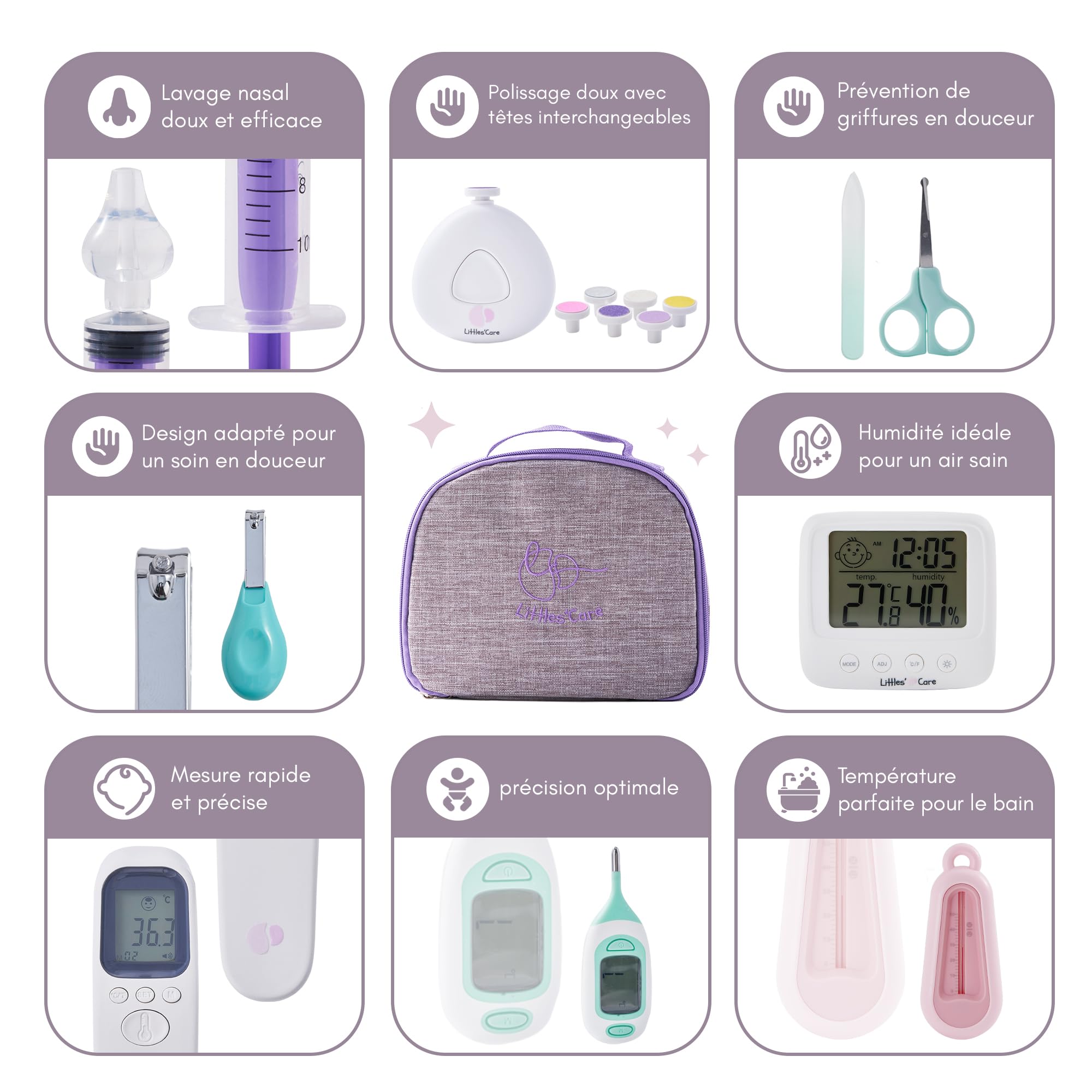 Trousse de toilette soin bebe : thermomètre frontal, mouche bebe seringue nasale, thermometre interieur et bain, lime ponceuse ongles, coffret naissance complet (Thermométre de bain rose)