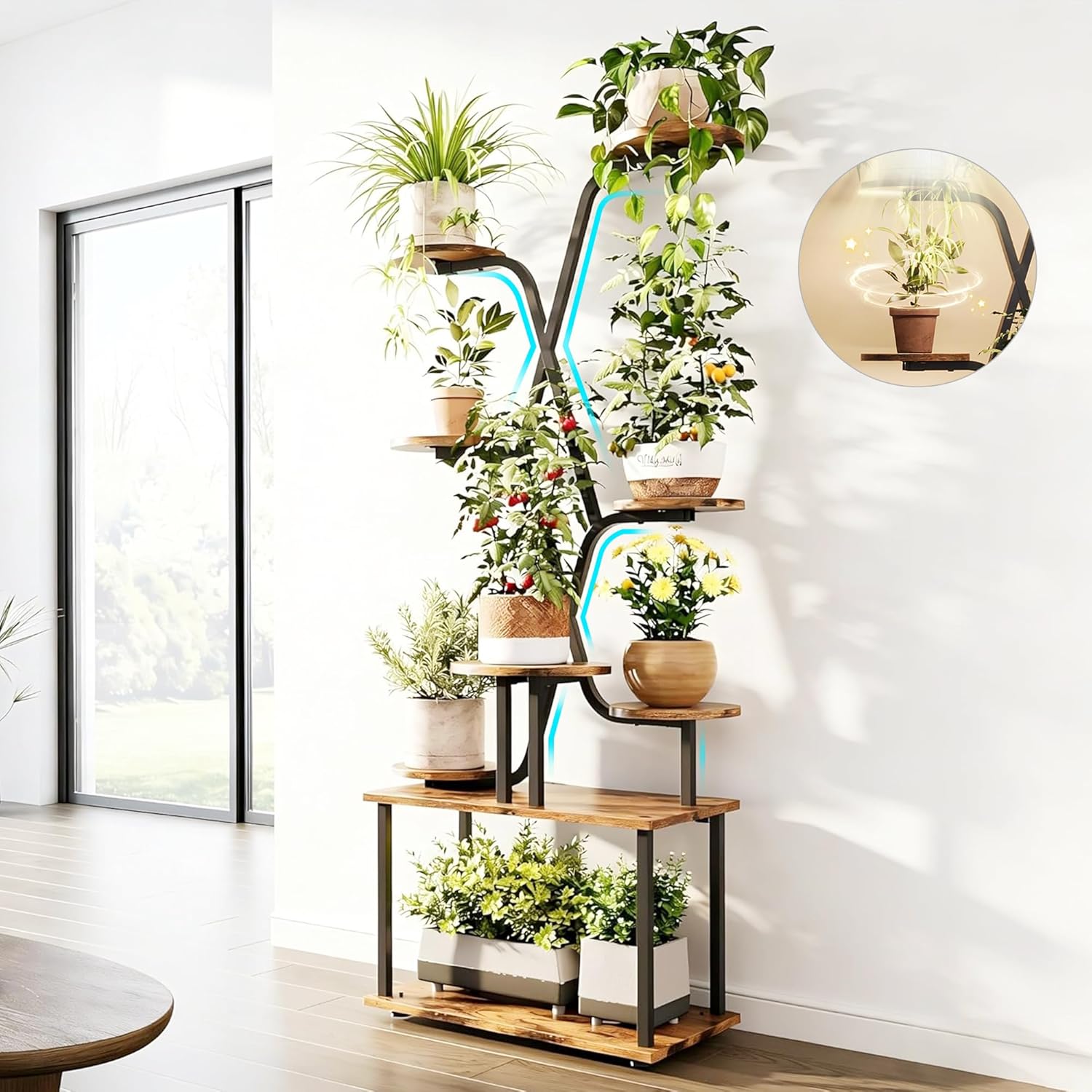 Tall Plant Stand, 9-Tier Tiered Indoor Plant Stand Multiple Shelves, Stable Plant Stand Indoor with Grow Lights for Home, Office, Balcony & Patio