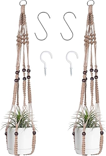 Colgador de macramé para plantas para colgar de interiores con cuentas de madera, macetas de macramé, sin borlas, para interiores y exteriores,