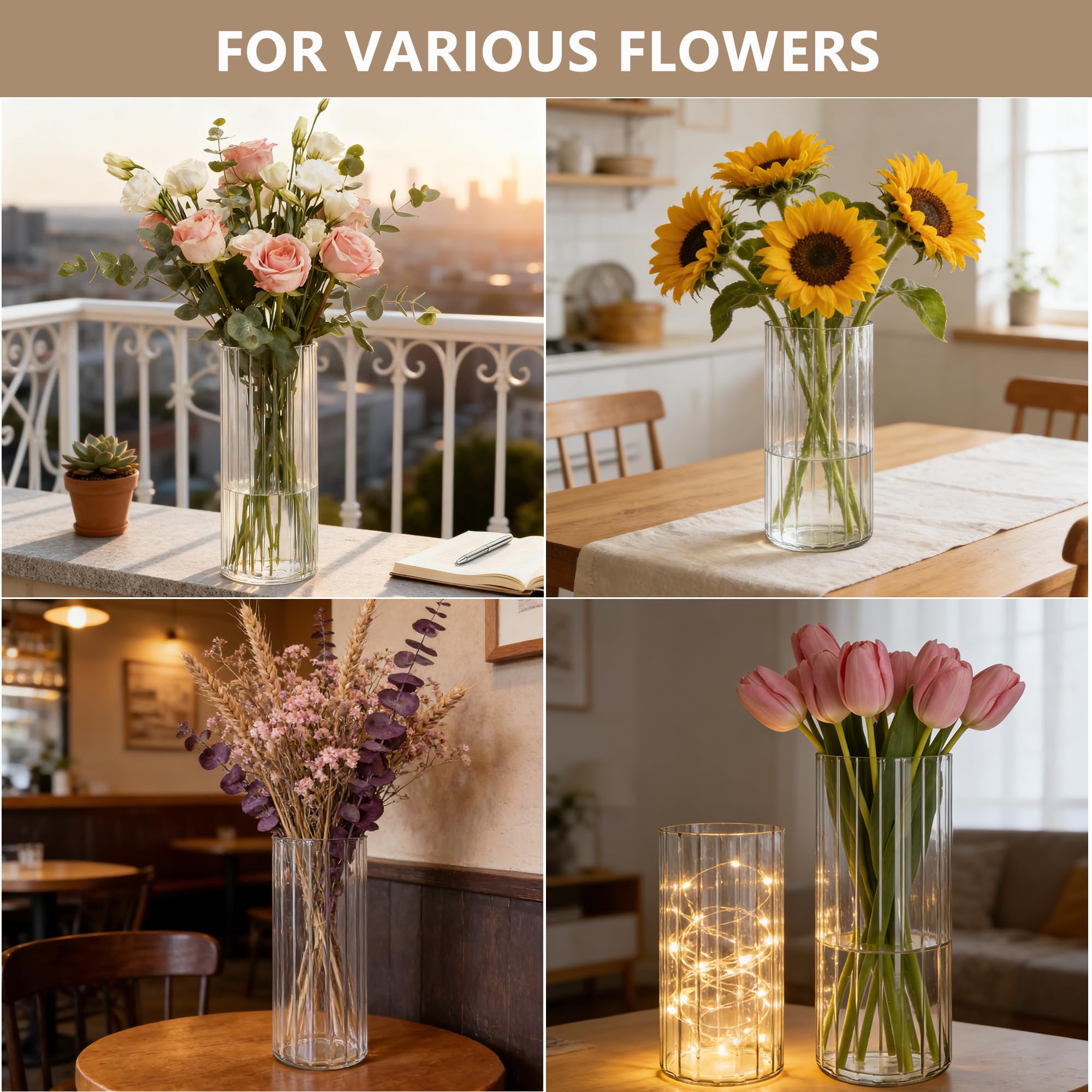 2er-Set Acrylvasen Transparent – Bruchsichere Kunststoff-Zylindervasen, Geriffelte Design Vasen Klar für Hochzeit, Tischdeko, Blumenarrangements, Wohnzimmer, Büro (10x30 & 12x35cm)