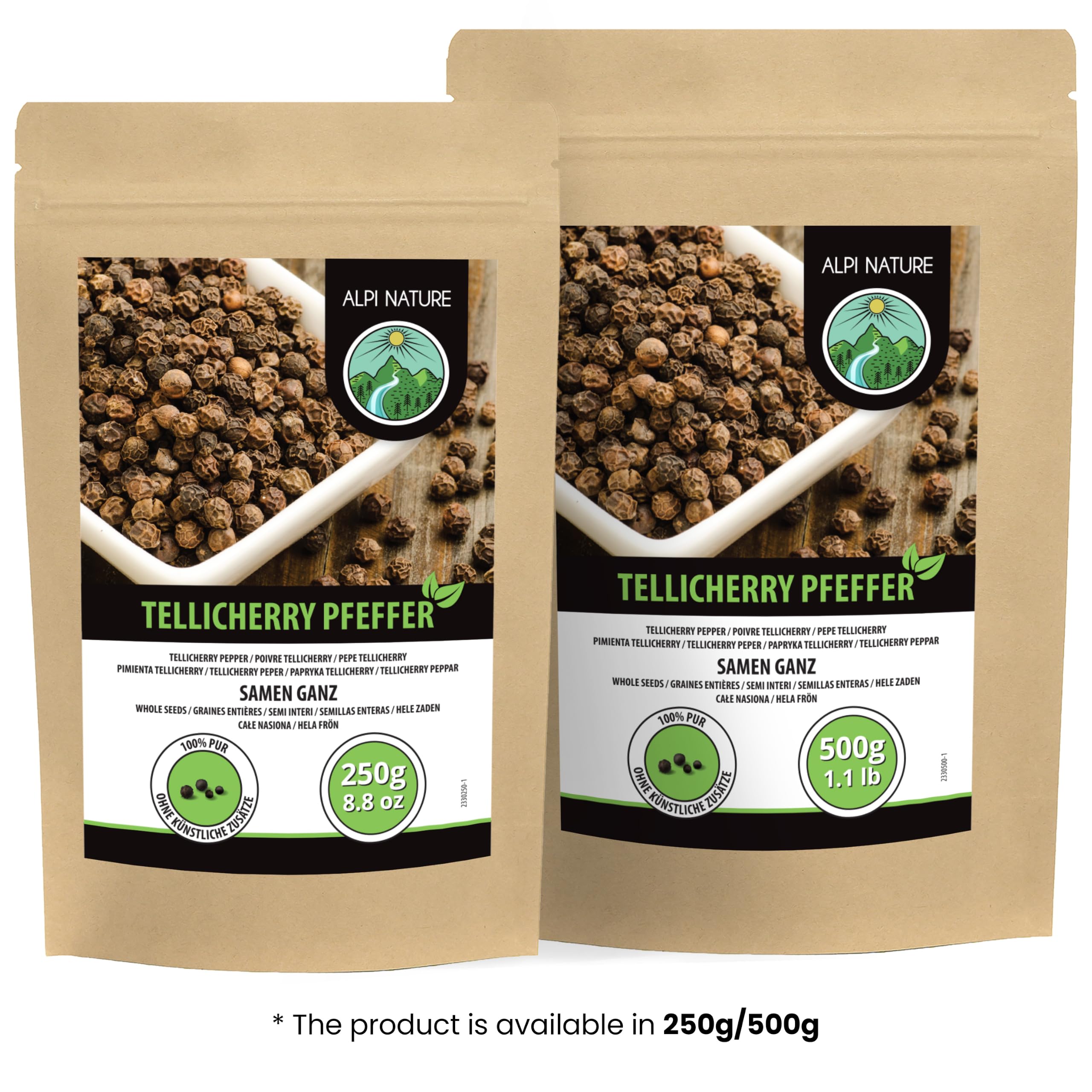 Alpi Nature Poivre en Grain Noir de Tellicherry 500g, Poivre Noir en Grain Entier Tellicherry