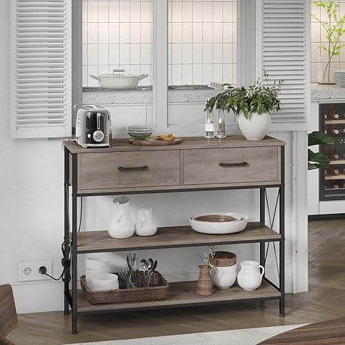 Miniatura 4 de HITHOS Mesa de consola con tomas de corriente y puertos USB mesa de pasillo industrial con almacenamiento 2 cajones y estantes mesa de entrada