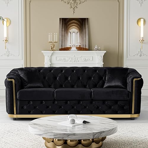 Miniatura 10 de Juego de sofá de terciopelo de lujo, sofá negro y dorado, moderno de mediados de siglo, sofás Chesterfield copetudos y patas doradas, juego de 2