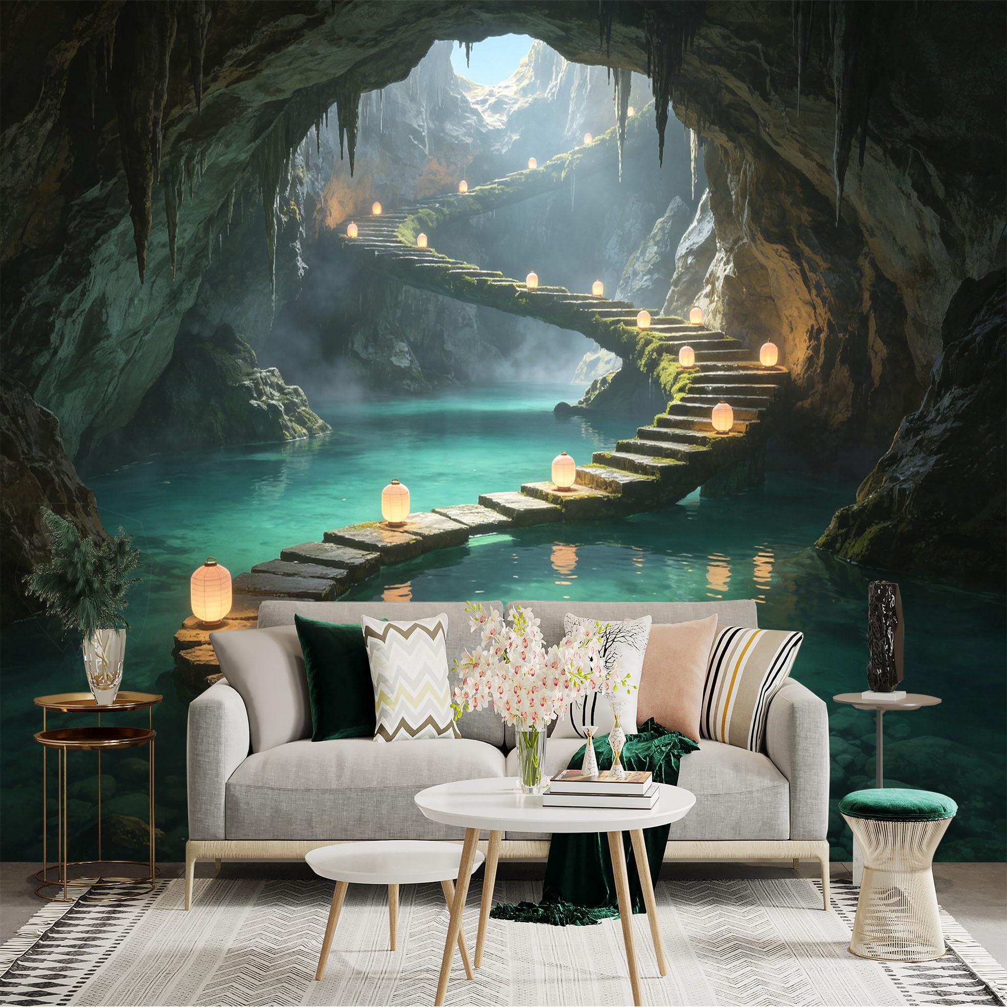 Custom Size Wall Sticker Mural， Enchanted Stone Staircase in Mystical Cave， Glowing Paper Lanterns， Serene Turquoise Water， for wall Decoration， peelandstick wall Decals.