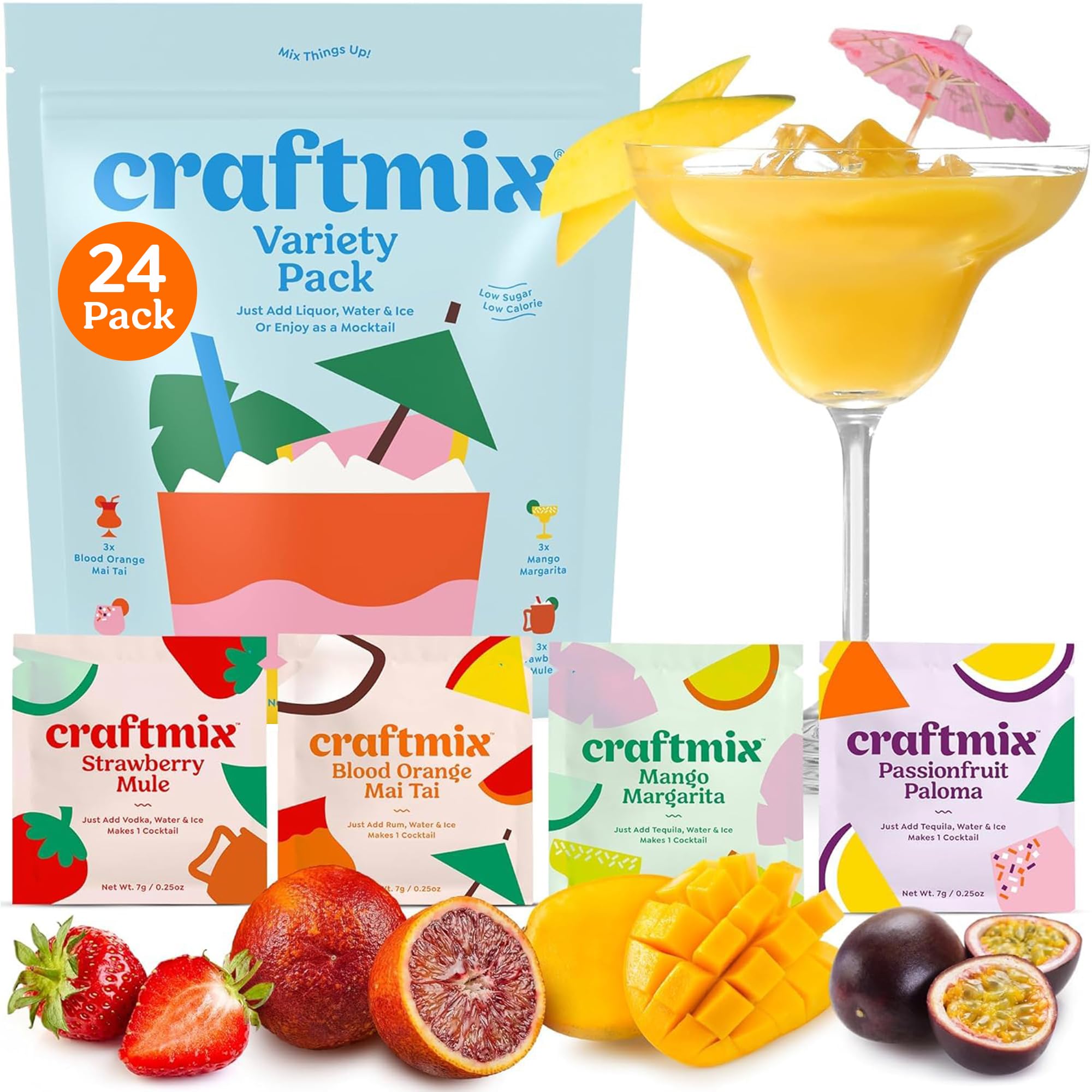 Craftmix Variety Pack Cocktail & Mocktail Drink Mixer, Skinny Mixes - Water Flavoring Packets - Made With Real Fruit - Vegan Low-Carb, Low-Sugar, Non-GMO, Dairy Free, Gluten Free, 24 Pack