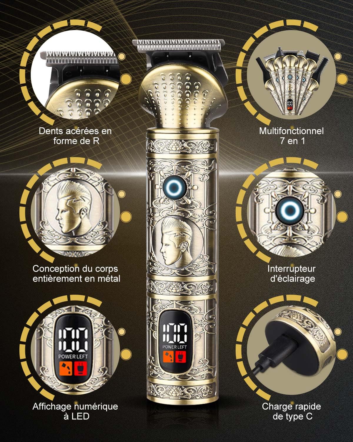 7 en 1 Tondeuse Barbe Homme Tondeuse Cheveux Professionnel, Lame en T Rasoir Électrique Kit avec Écran LED, Kit de Tondeuse Cheveux Barbe sans Fil Etanche Tondeuse Corps Homme pour Cadeau