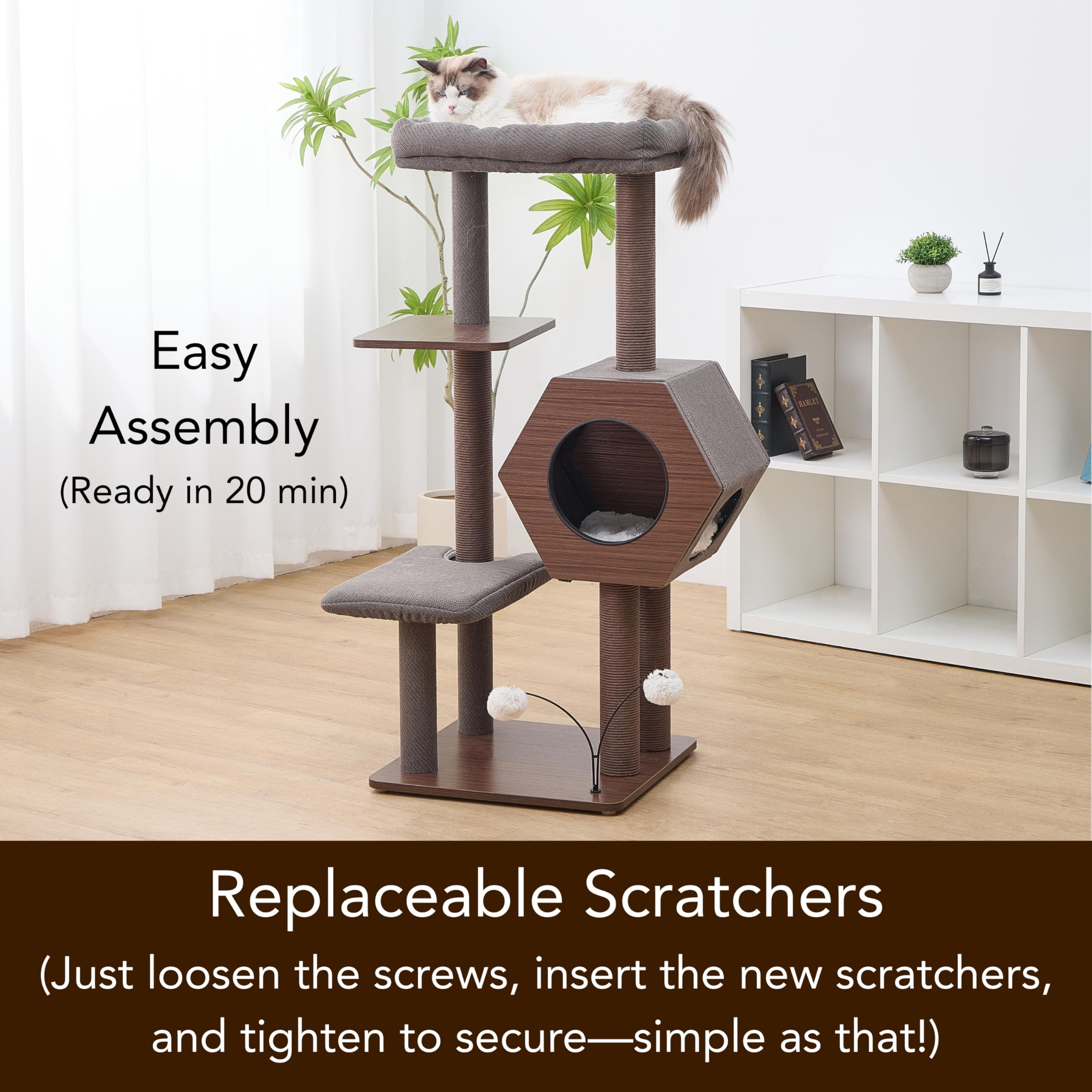 PetPals 5-Level 46.4” Mid-Century Modern Cat Tree with Hexagon Condo, Replaceable Recycled Paper Rope Scratchers, Washable Bed&Toys, Quick Assembly, Ideal for Medium Cats,Dark Brown - image 7