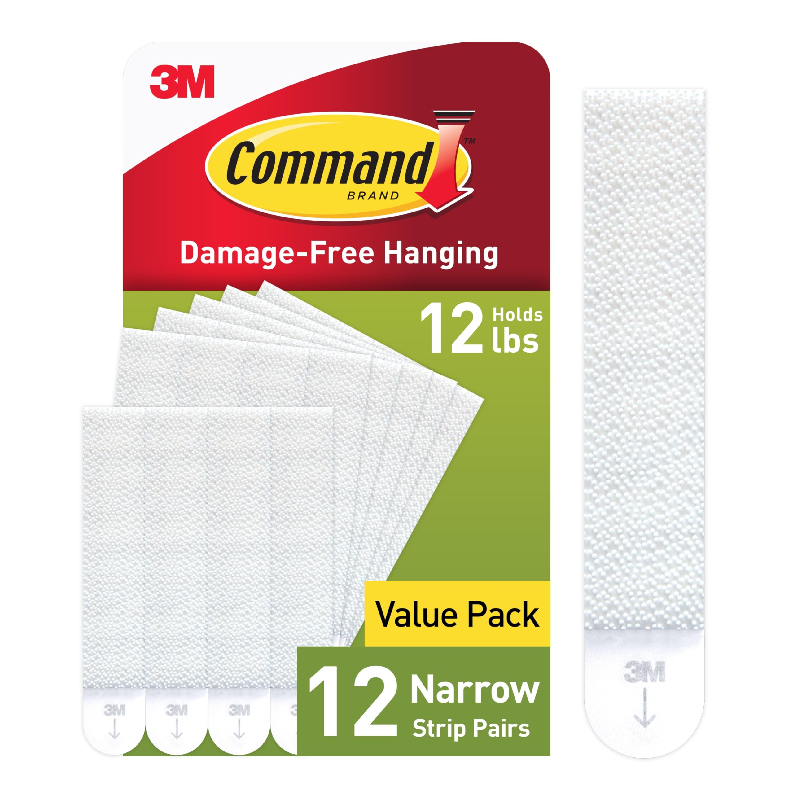 Narrow Picture Hanging Strips, Damage Free Hanging Picture Hangers, No Tools Wall Strips for Living Spaces, 12 White Adhesive Strip Pairs. Easy to Open Packaging (24 Strips)
