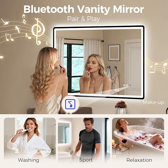 STARLEAD 1000x700 mm Black-Bathroom-Mirror-with-LED-Lights and Bluetooth, LED-Bathroom-Mirror-Wall-Mounted with Anti-fog, 3 Colours Dimmable, Memory Function, IP44, Tempered Glass, Horizontal/Vertical