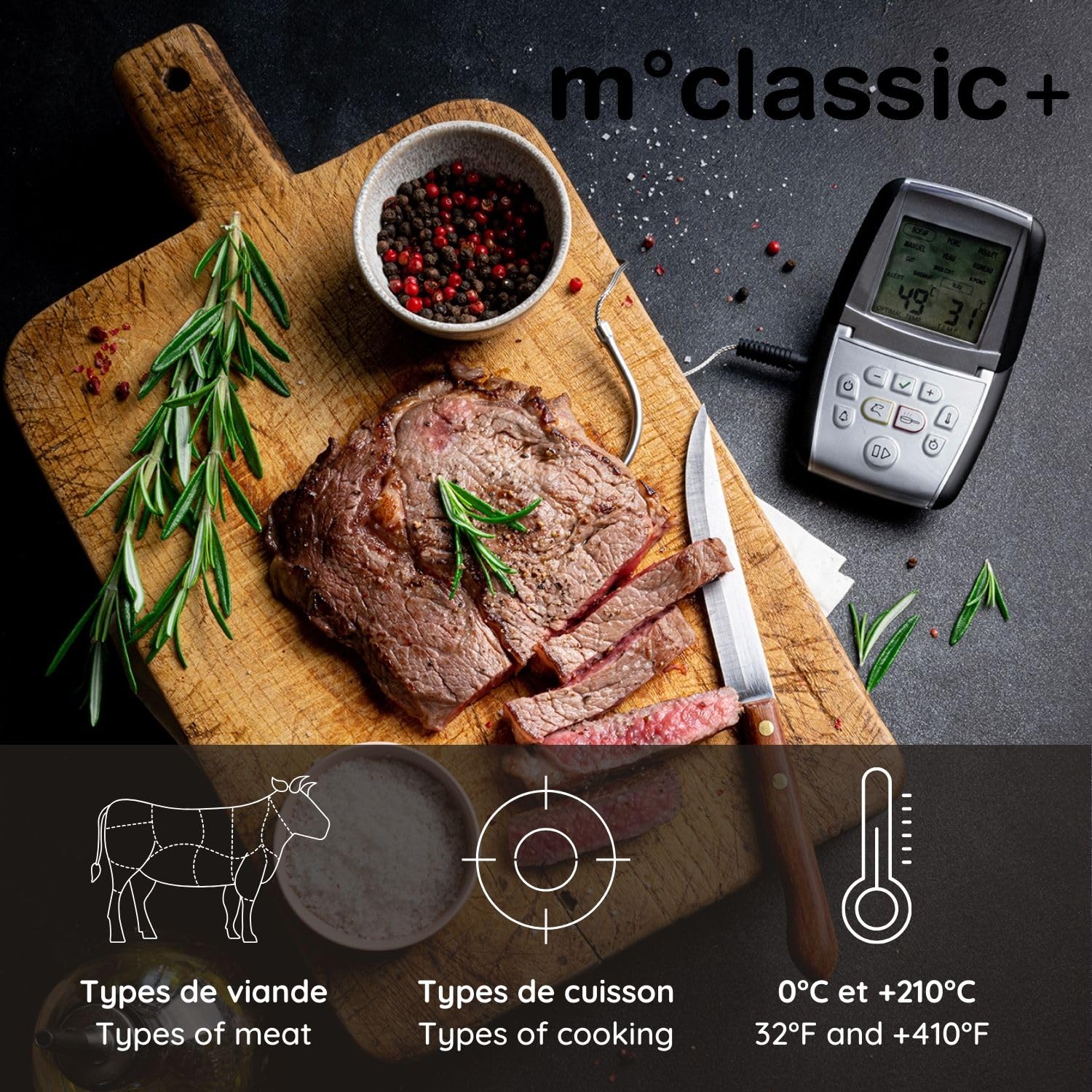 Mastrad Thermosonde De Cuisson m°classic+ Thermomètre Sonde 0-210°C Programmable Viande Cuisson Compatible Four BBQ Induction Alarme Temps Restant 1 Pile AAA