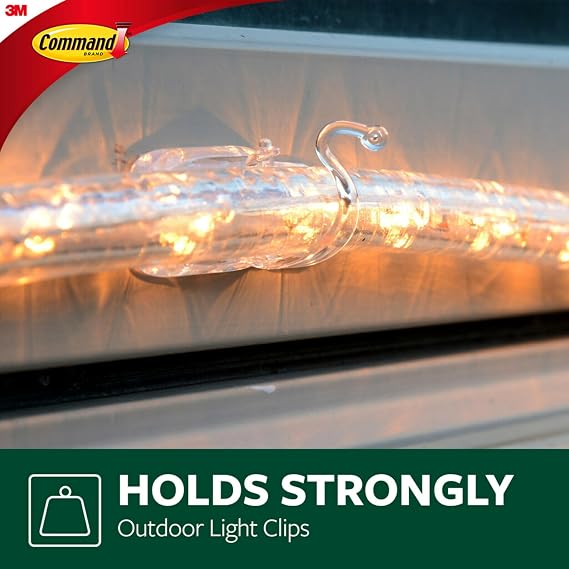 Command Outdoor Rope Light Clips, 12 Hooks and 16 Command Strips, Damage Free Hanging Christmas Decorations with Weather Resistant Strips, Wall Clips for Hanging Outdoor Lights and Cable Management
