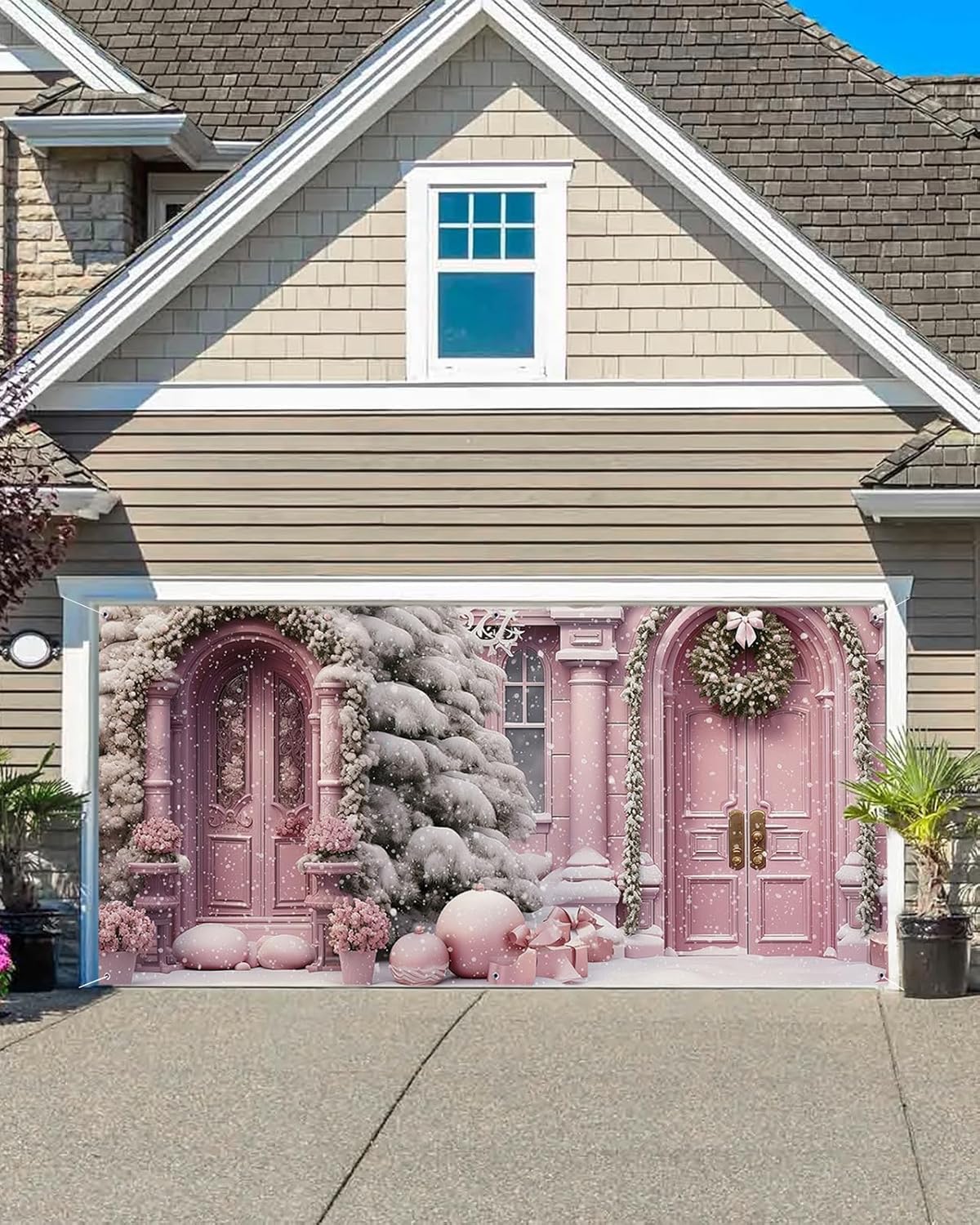 T&H XHome Christmas Garage Door Decorations 7x16 FT, Christmas Pink Castle Gate Xmas Wreath Garage Door Cover Hanging Backdrop Mural Garage Door Banner for Holiday Party Outdoor Indoor