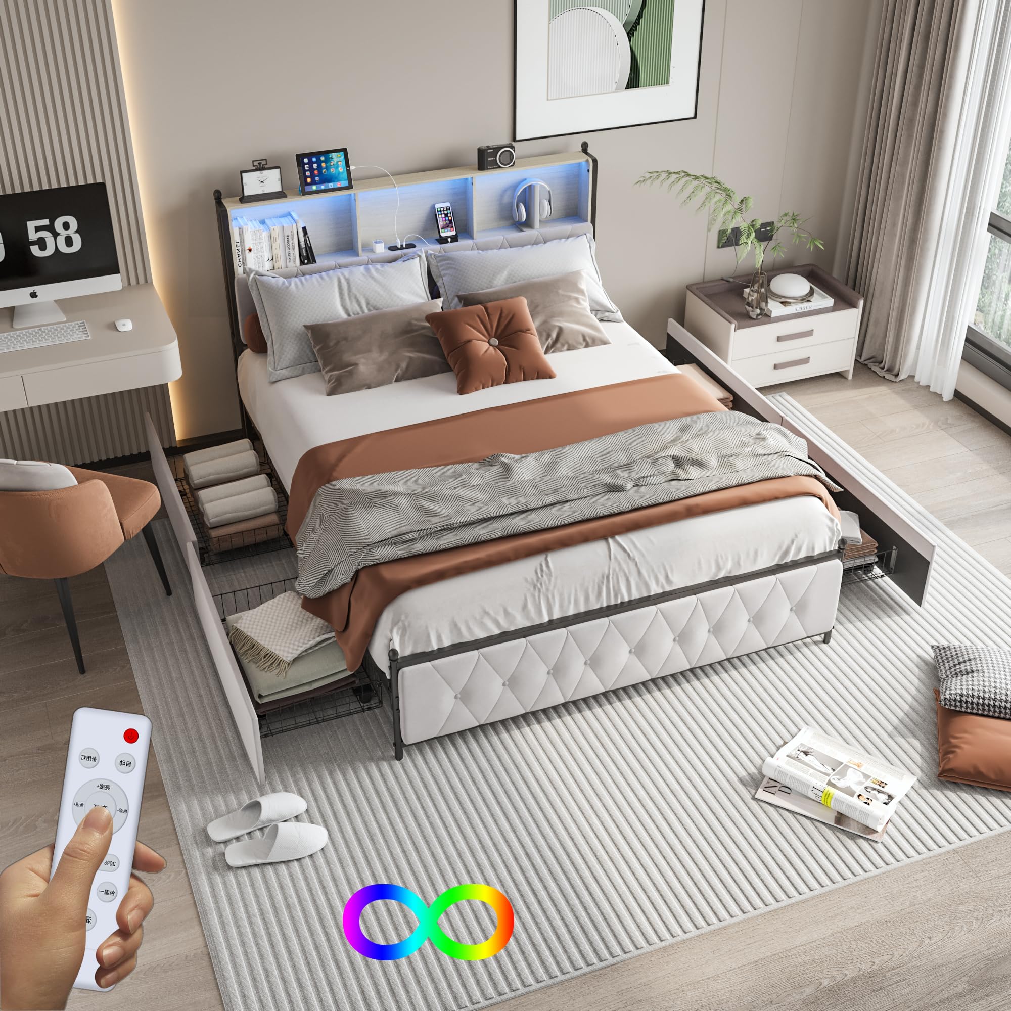 Cama tapizada para cama doble de 160 x 200, cama con cajón, cama funcional con cabecero, cama doble LED con almacenamiento, cama para adultos (beige, 160 x 200)