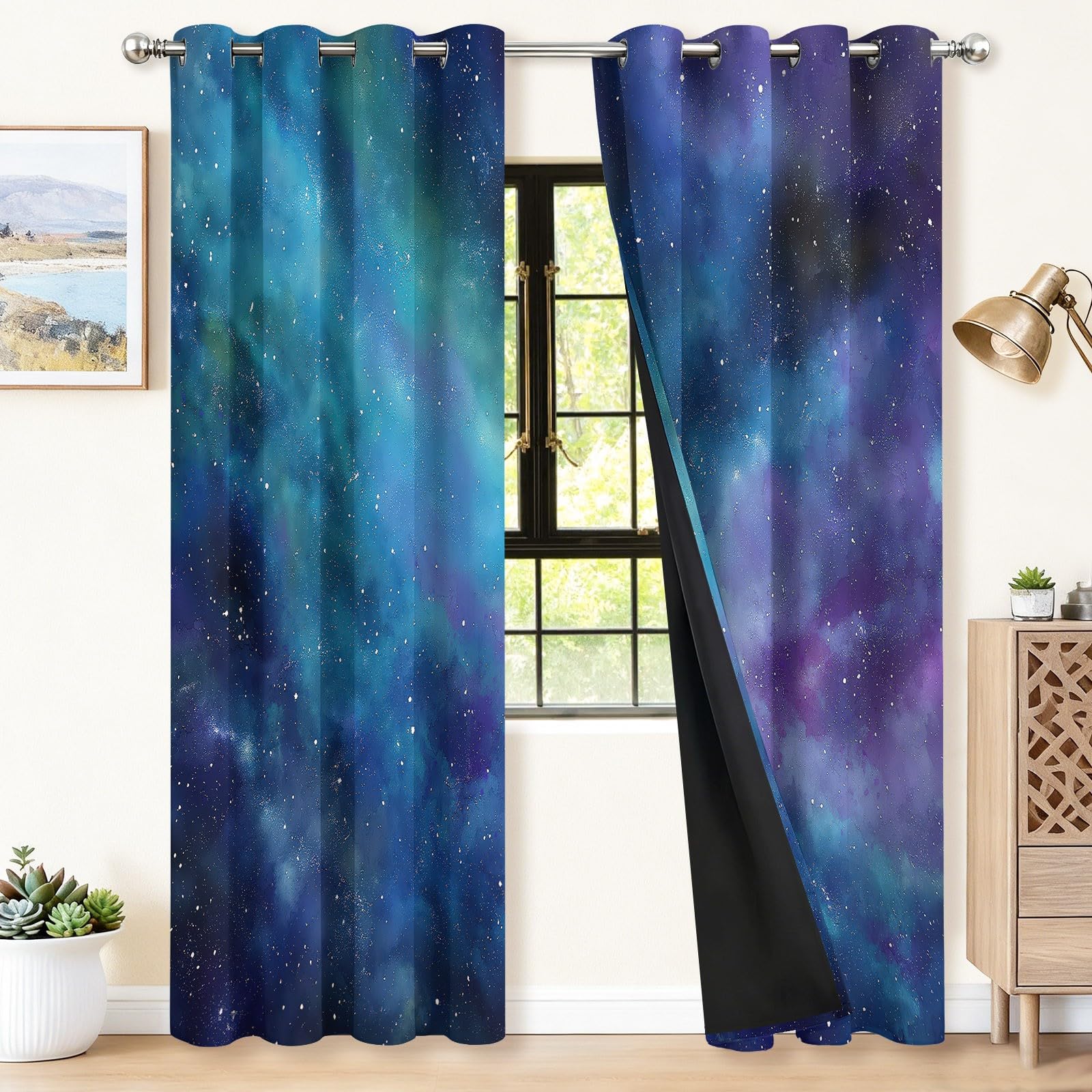 Bedruckte Blickdichte Vorhänge Blau, Galaxie Aquarell Universum Sterne Muster Wärmeisoliert UV-Schutz Vorhänge mit Ösen - H 175 x B 140 cm (2er Pack) Farbecht Vorhang für Wohnzimmer Schlafzimmer